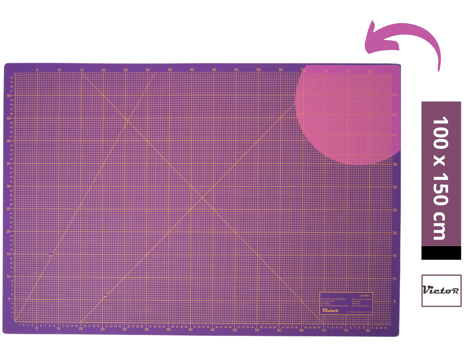 Victor alfombrilla de corte XXL violeta rosa 100 x 150 cm de 3 capas autocicatrizante – base de corte profesional para bricolaje y costura, protector de escritorio