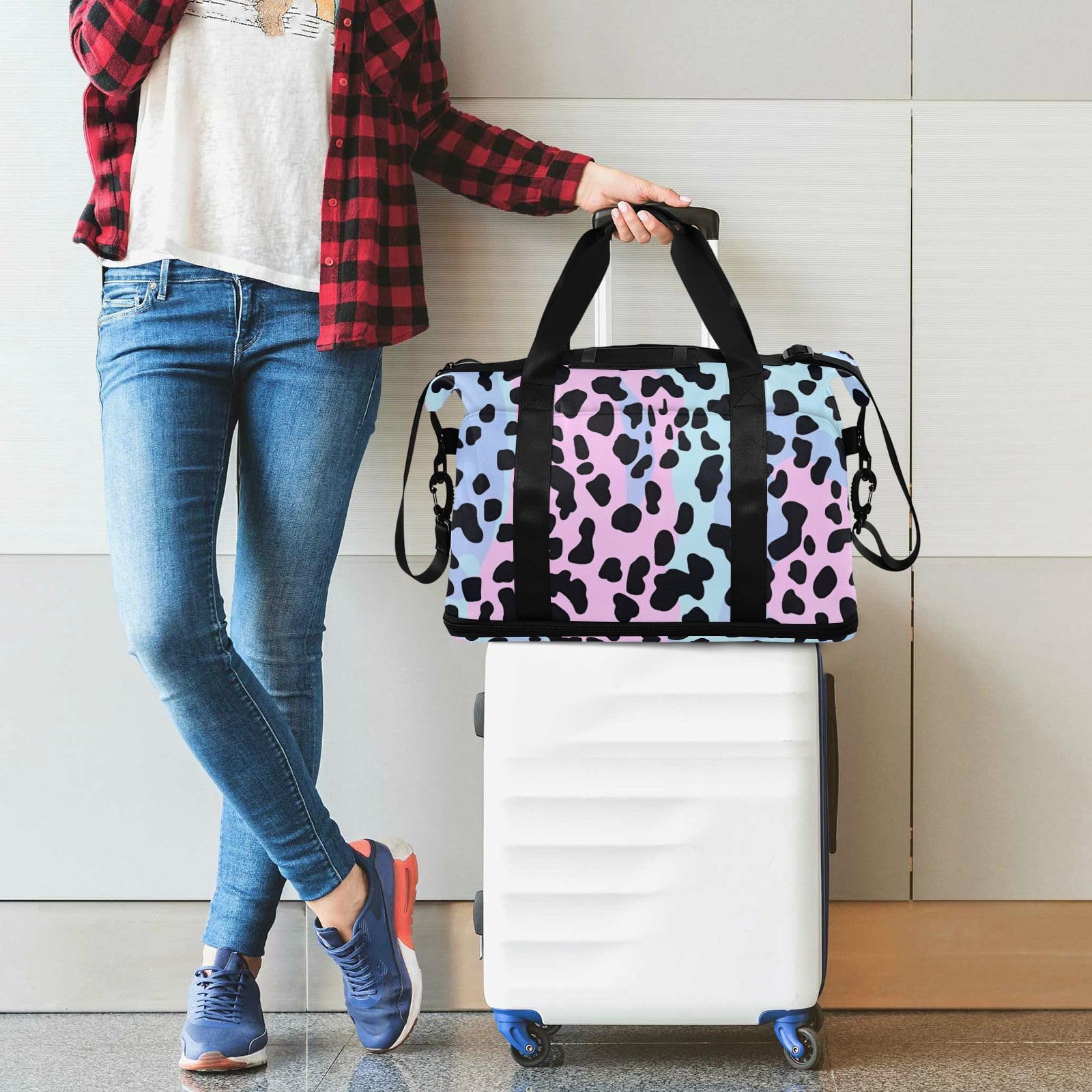 Bolsa de mano moderna con estampado de leopardo para fin de semana con bolsillo húmedo y correa ajustable para gimnasio, gran capacidad para hombres y mujeres