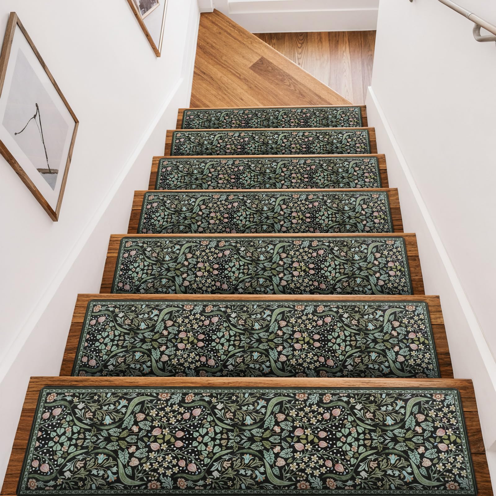 Photo 1 of OJIA Floral Stair Treads Non-Slip Stair Runner for Wooden Steps Indoor 15PCS 30"x8" Carpet Stair Treads Stair Mats Staircase Step Treads for Kids, Elders and Dogs, Stair Covers, Black
