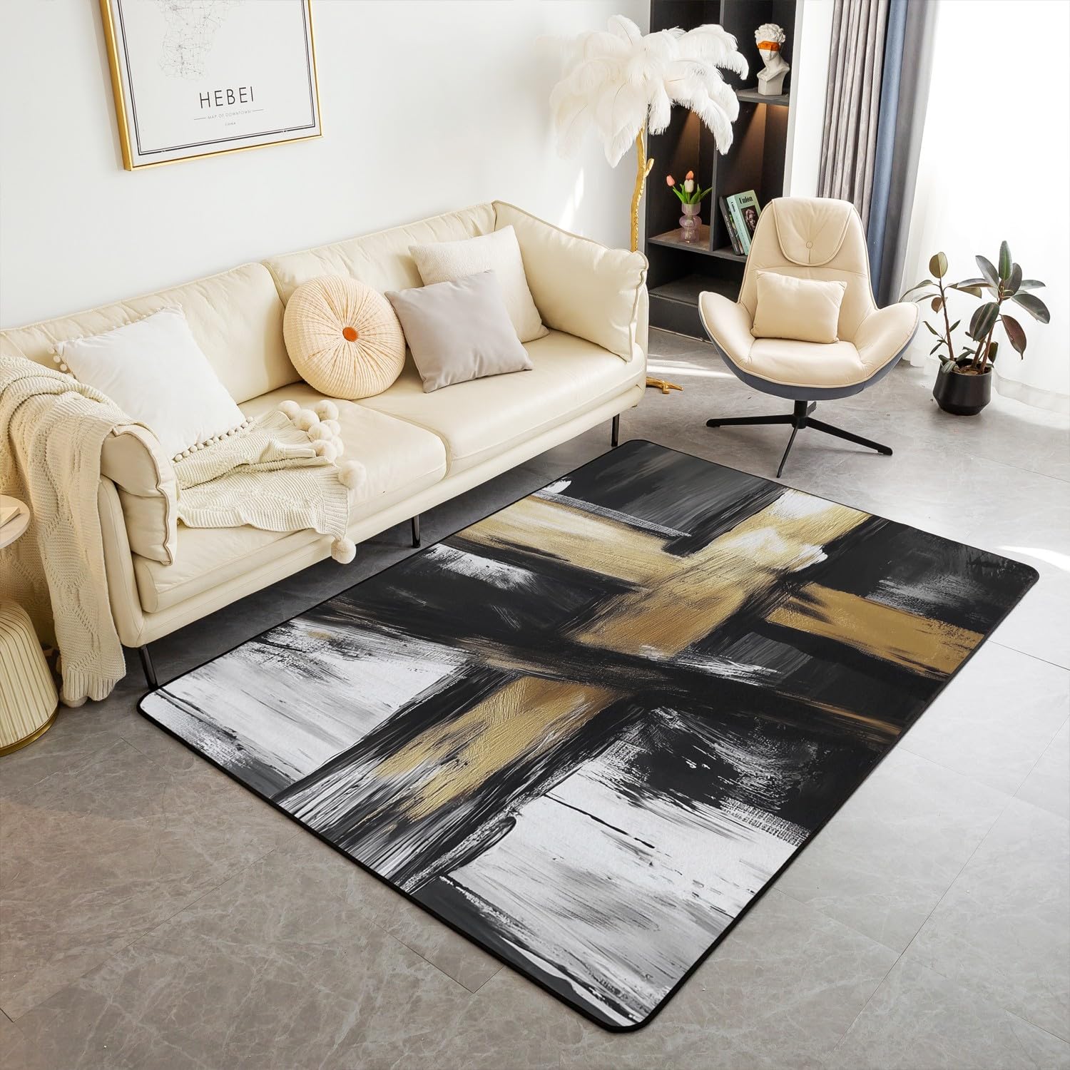 jejeloiu Black White Gold Area Rug 5x7 Kids Abstract Art Living Room Rugs for Bedroom Modern Geometric Indoor Floor Mat Polyester Room Decor
