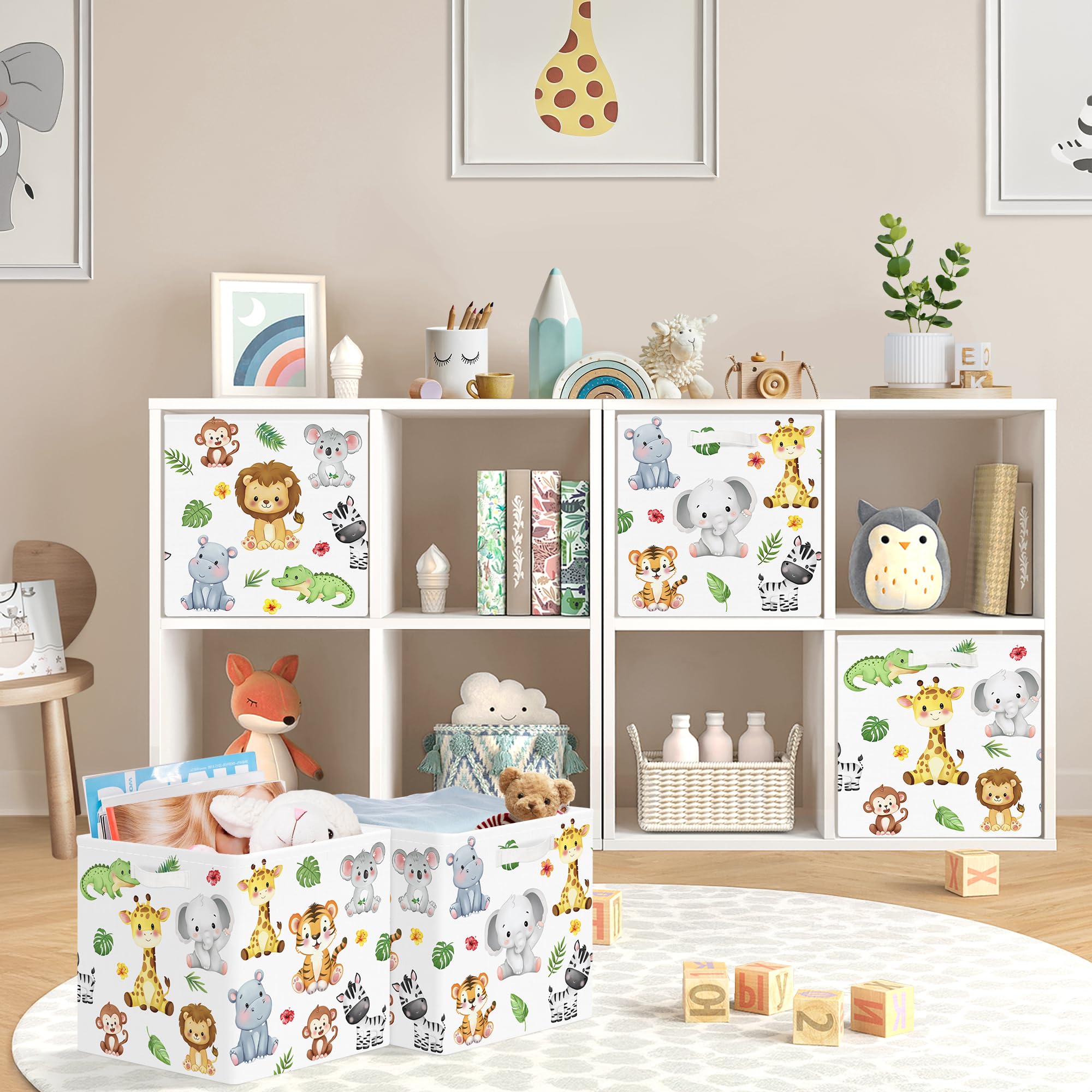 Boîtes de Rangement Lot de 3 Animaux de La Forêt Paniers de Rangement Cube Lion Girafe Enfant Pliables Coffre à Jouets pour Étagères Livres, Tigre
