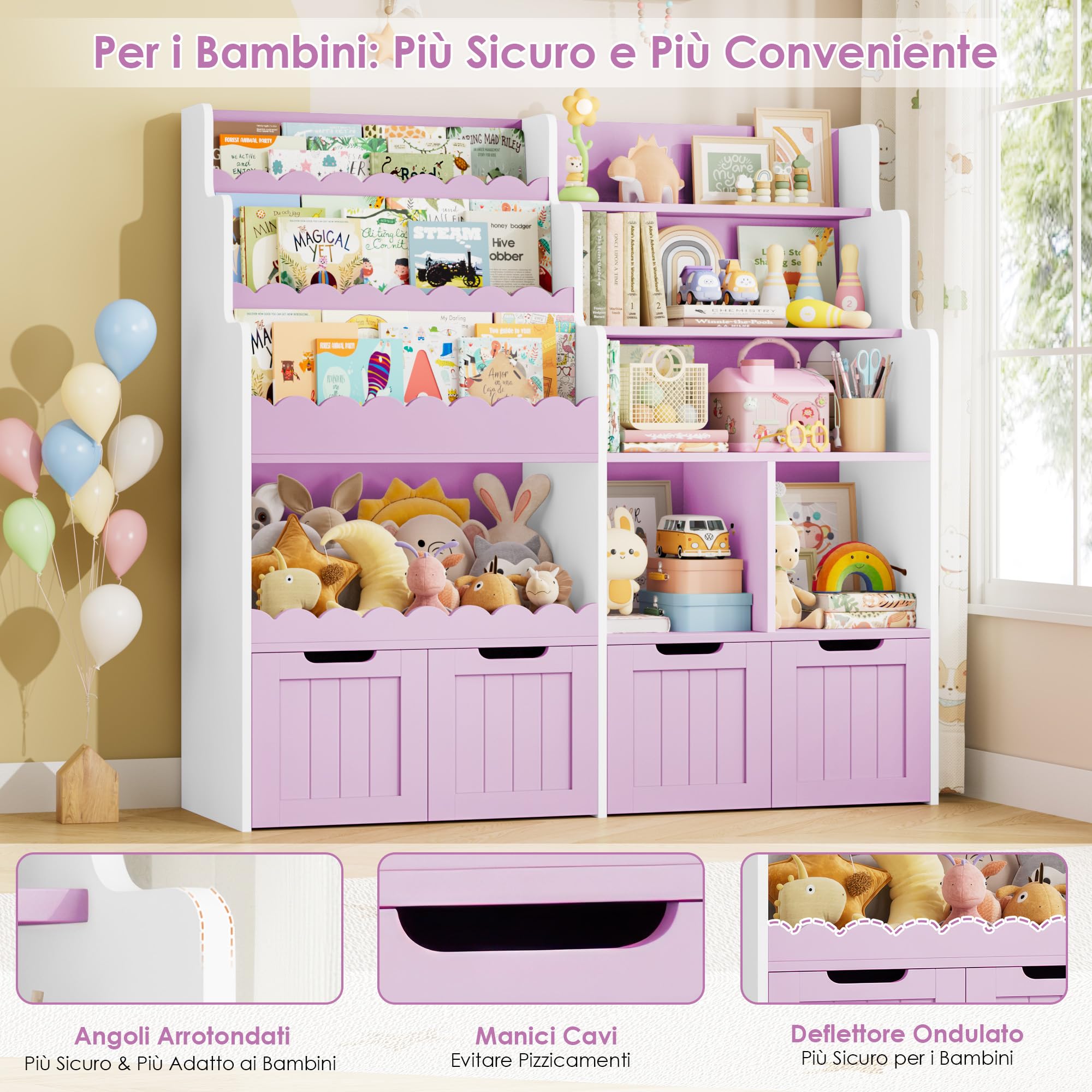 FOREHILL Libreria Montessoriana per Bambini, Porta Giochi Bambini a 4 Cassetti con Ruote Girevoli a 360°, Mobile Porta Giochi con Libreria a 3 Ripiani, 5 Scomparti Aperti, 125.5x40x120 cm (Lilla)