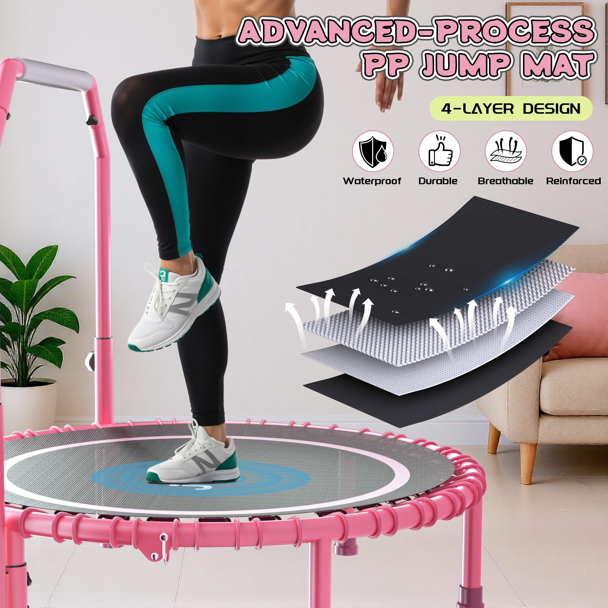 JOY SPOT! Mini Fitness Trampolin, Ø102cm Faltbares Trampoline mit Bungee-Seilen & verstellbarem Griff, Maximale Belastung 204kg, Rebounder Trampolin Indoor Outdoor mit springseile für Heimtraining