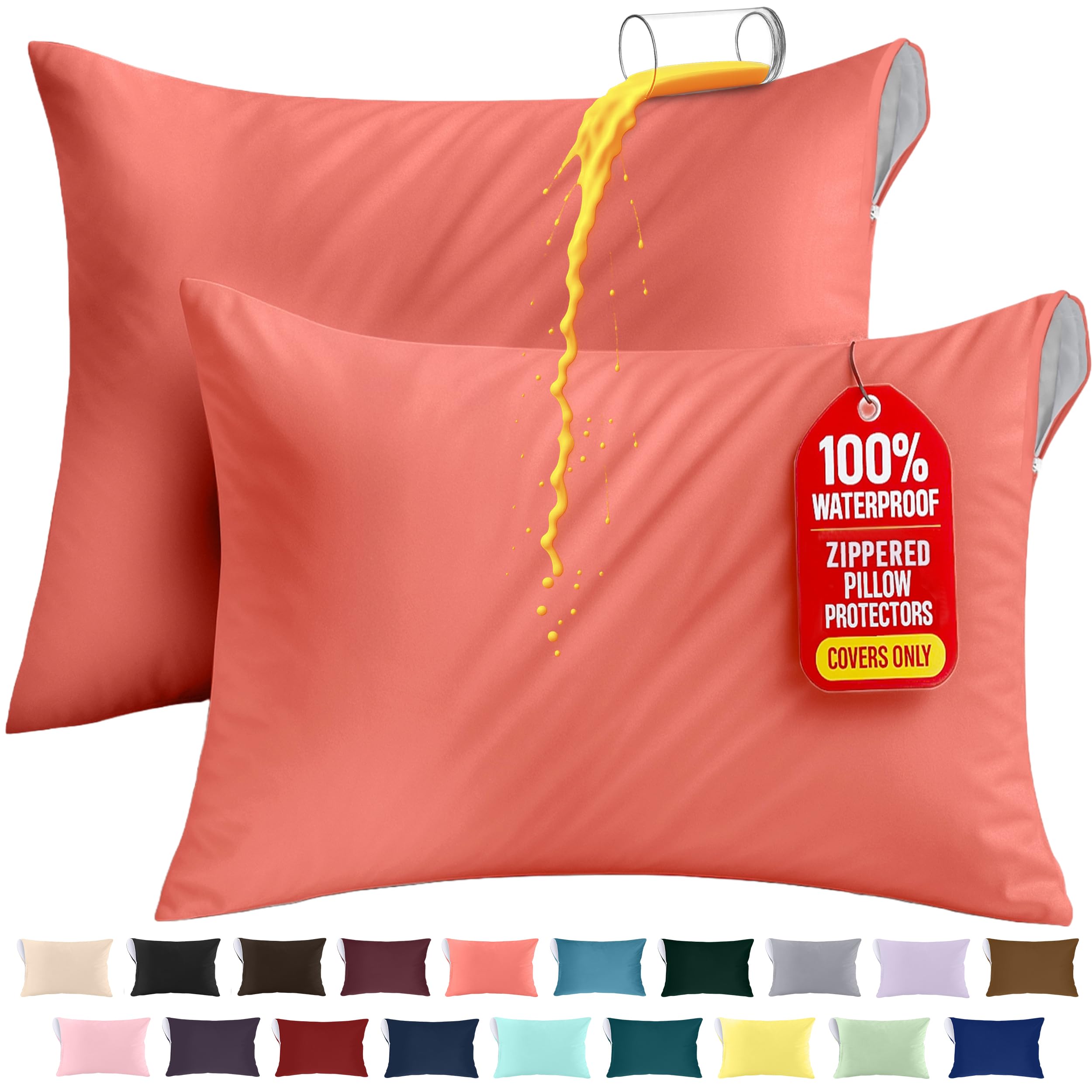 Utopia Bedding Premium 100% Waterproof Pillow Protectors with Zipper Queen Size (Set of 2), Bed Bug and Dust Mite Proof Zippered Pillow Covers, Pillow Encasement Cases, Coral