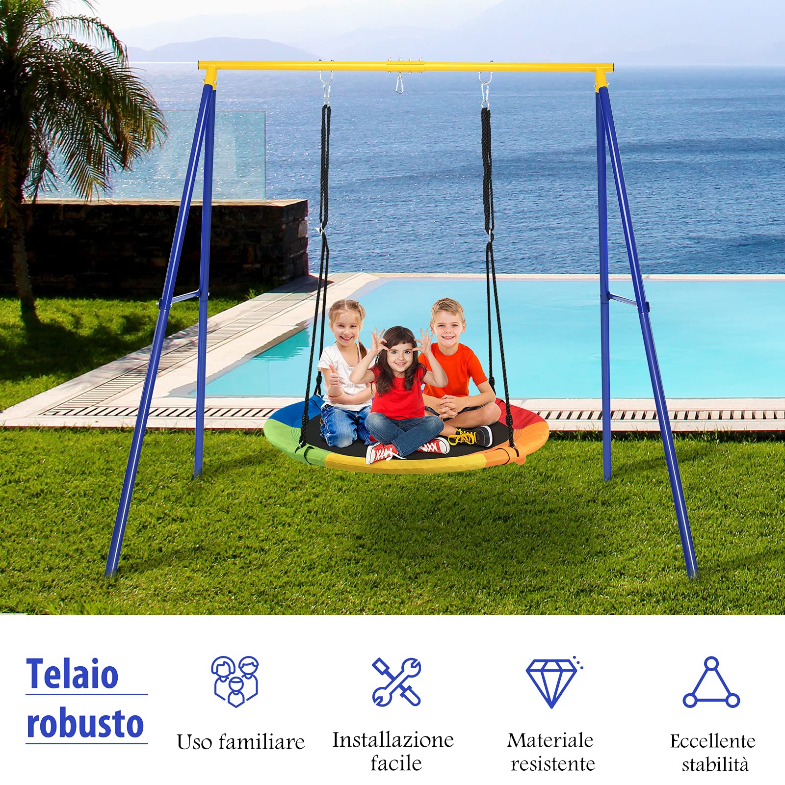 COSTWAY Supporto per Altalena Bambini, Base da Altalena per Bambini in Metallo, Strattura per Altalena da Giardino, Portata 200 kg (Blu e Giallo)