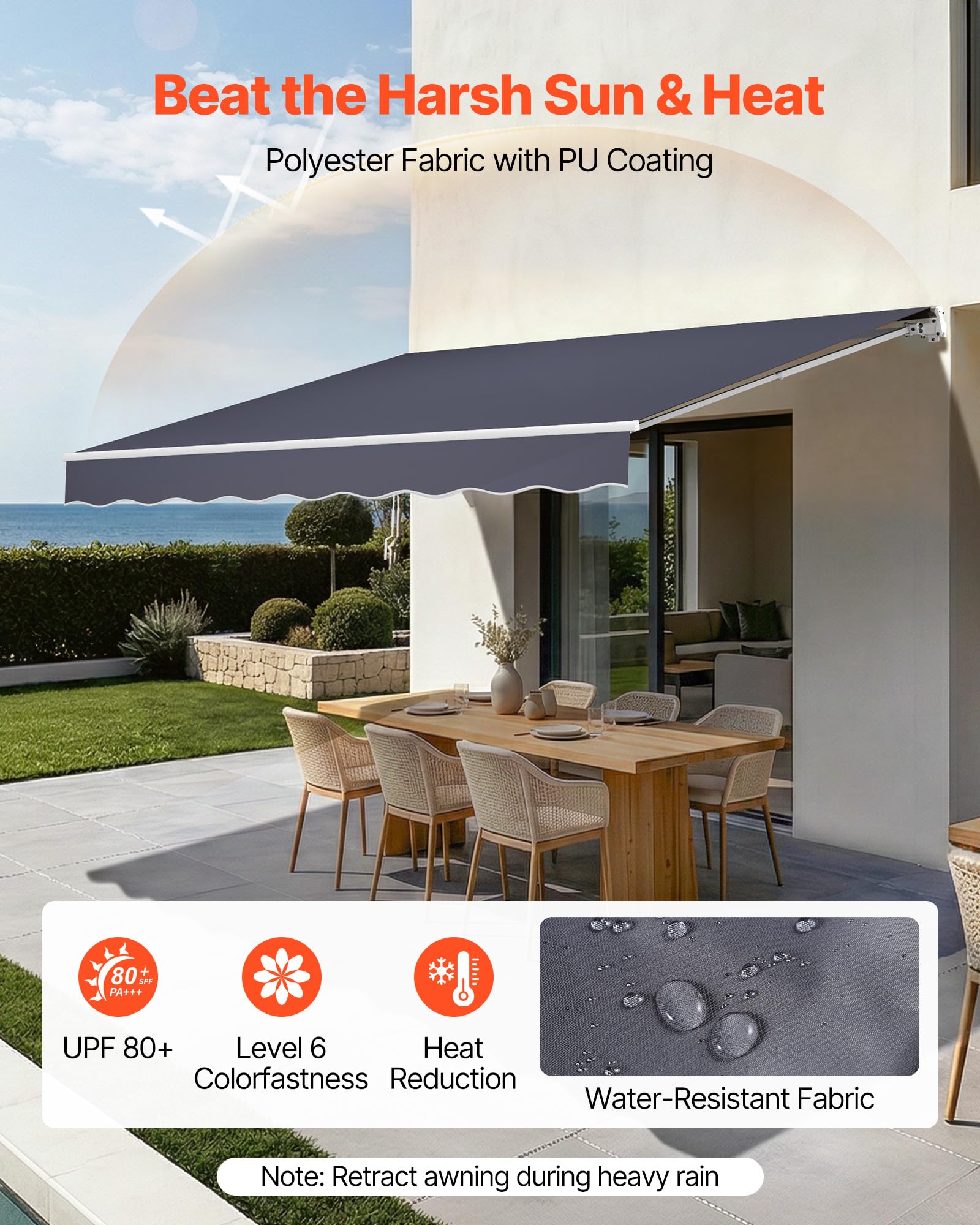 VEVOR Store Banne Manuel 350x300 cm Auvent Rétractable pour Terrasse et Balcon, Extérieur, Devantures de Cafés, de Restaurants, de Boutiques, avec Manivelle, Angle d'Inclinaison 45°-85°, Gris Foncé