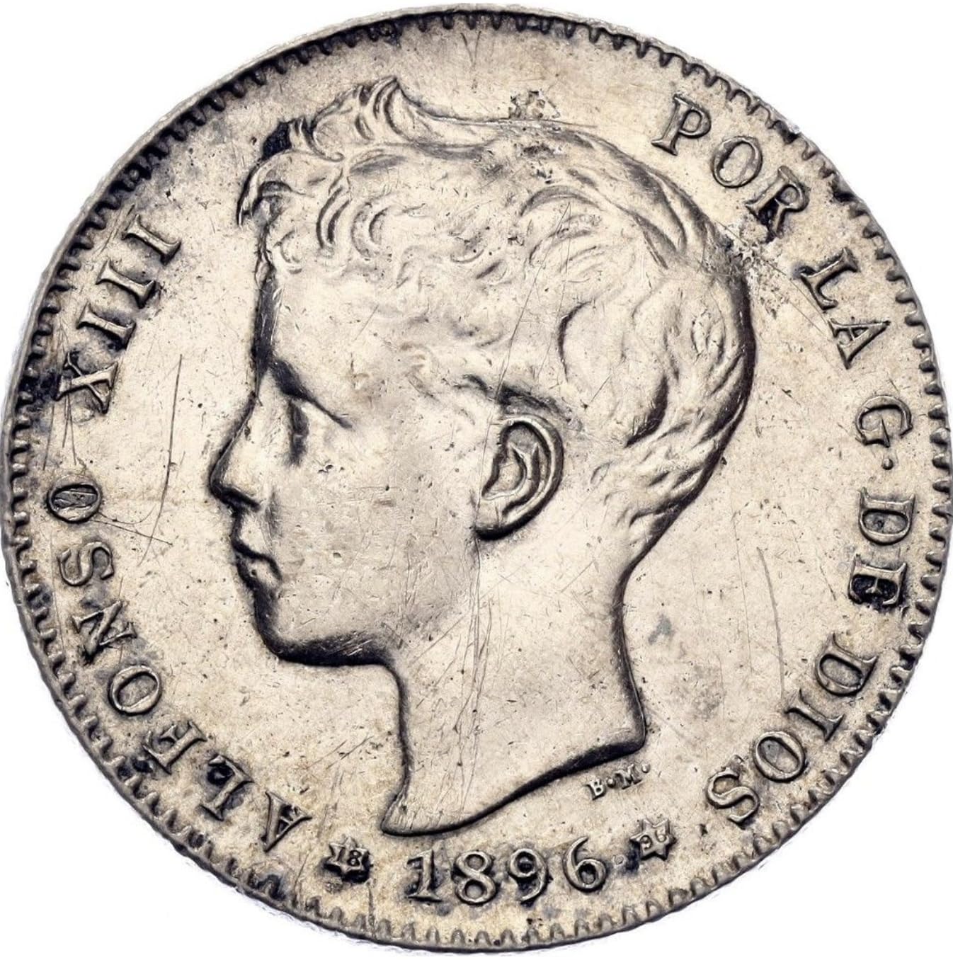 1896-1902 1 Peseta Historical Spanish Silver Coin. Issued Under King Alfonso XIII(3rd Portrait), "El Africano' An Authoritarian King. 1 Peseta, Monetized By Spain Government. Graded By Seller Circulated Condition