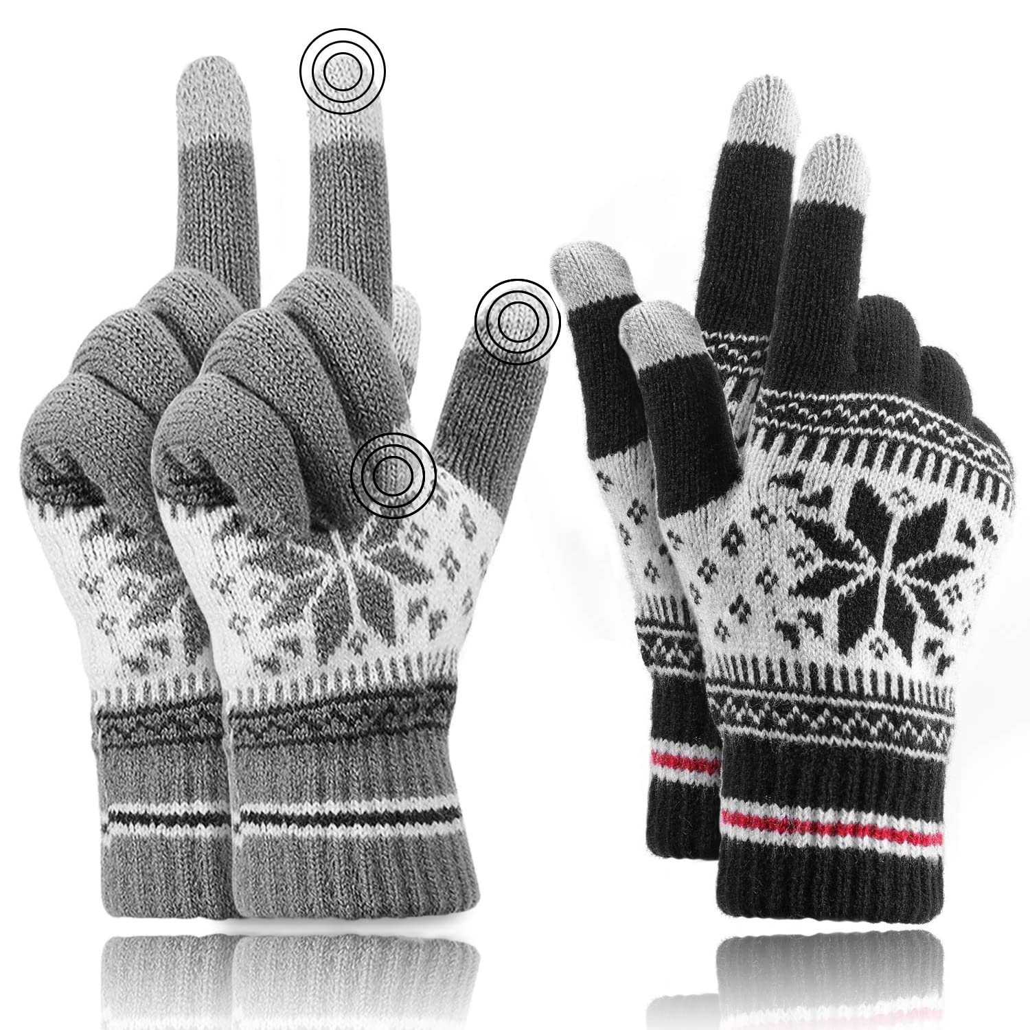 BuluriWinter Gloves Touchscreen, 2 Pair Knitted Thermal Gloves Windproof Thick Mittens for Men Women Cycling Driving Running Hiking, Black and Grey, Snowflake, 22cm