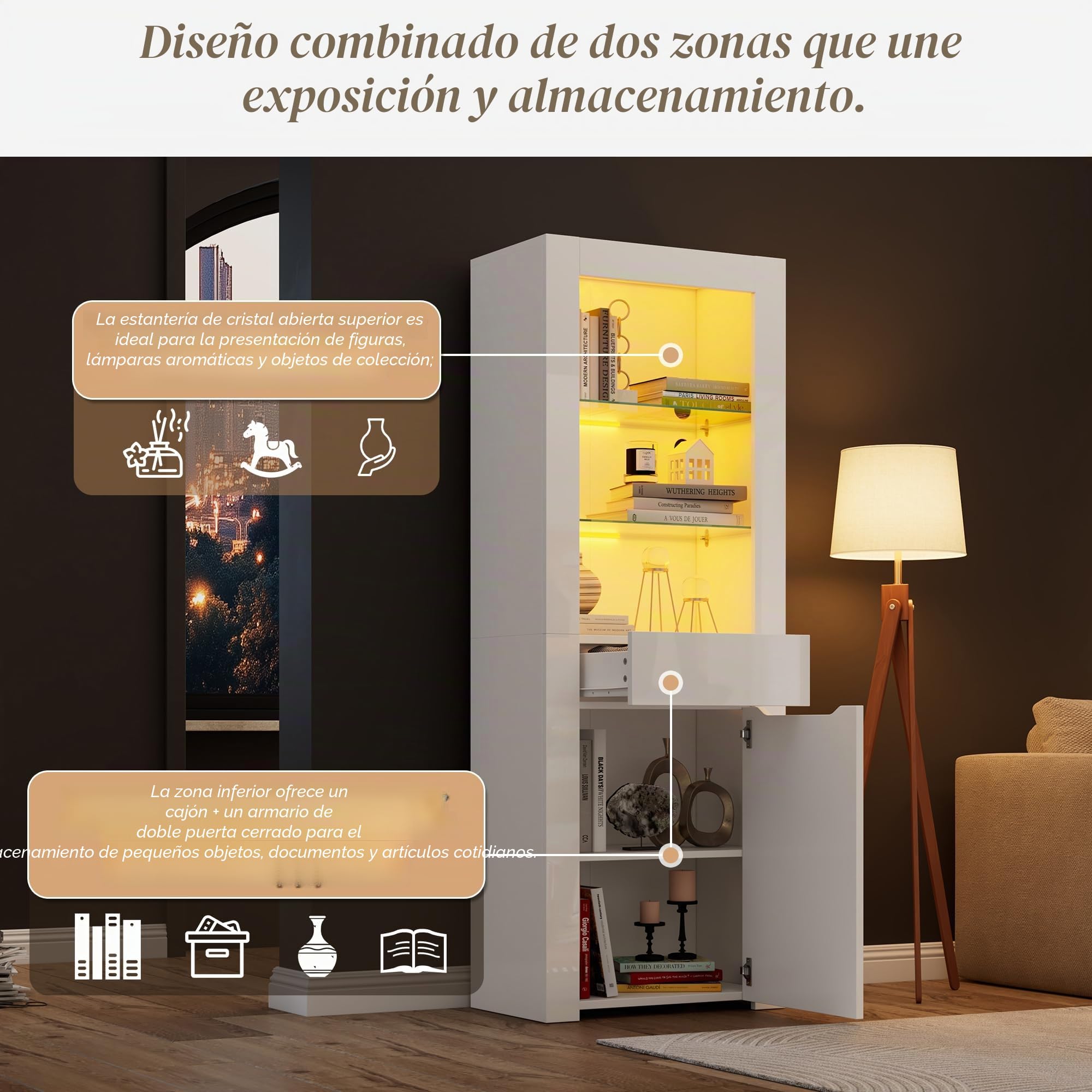 Merax Vitrina con luces LED, armario de 1 puerta y 1 cajón, cristal con mucho espacio de almacenamiento, moderna estantería de salón y oficina