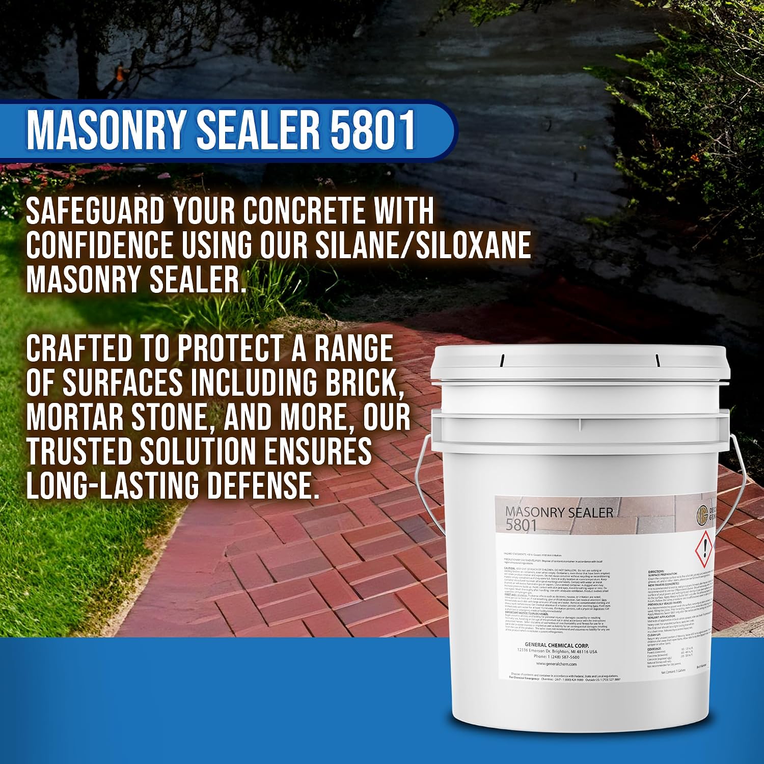 DeckGeneral Masonry Sealer 5801 - Clear Concrete Sealant & Waterproof Sealer for Stone, Brick & Mortar - Silane Siloxane Coating for Driveways, Sidewalks, Patios & More (5 Gallon)