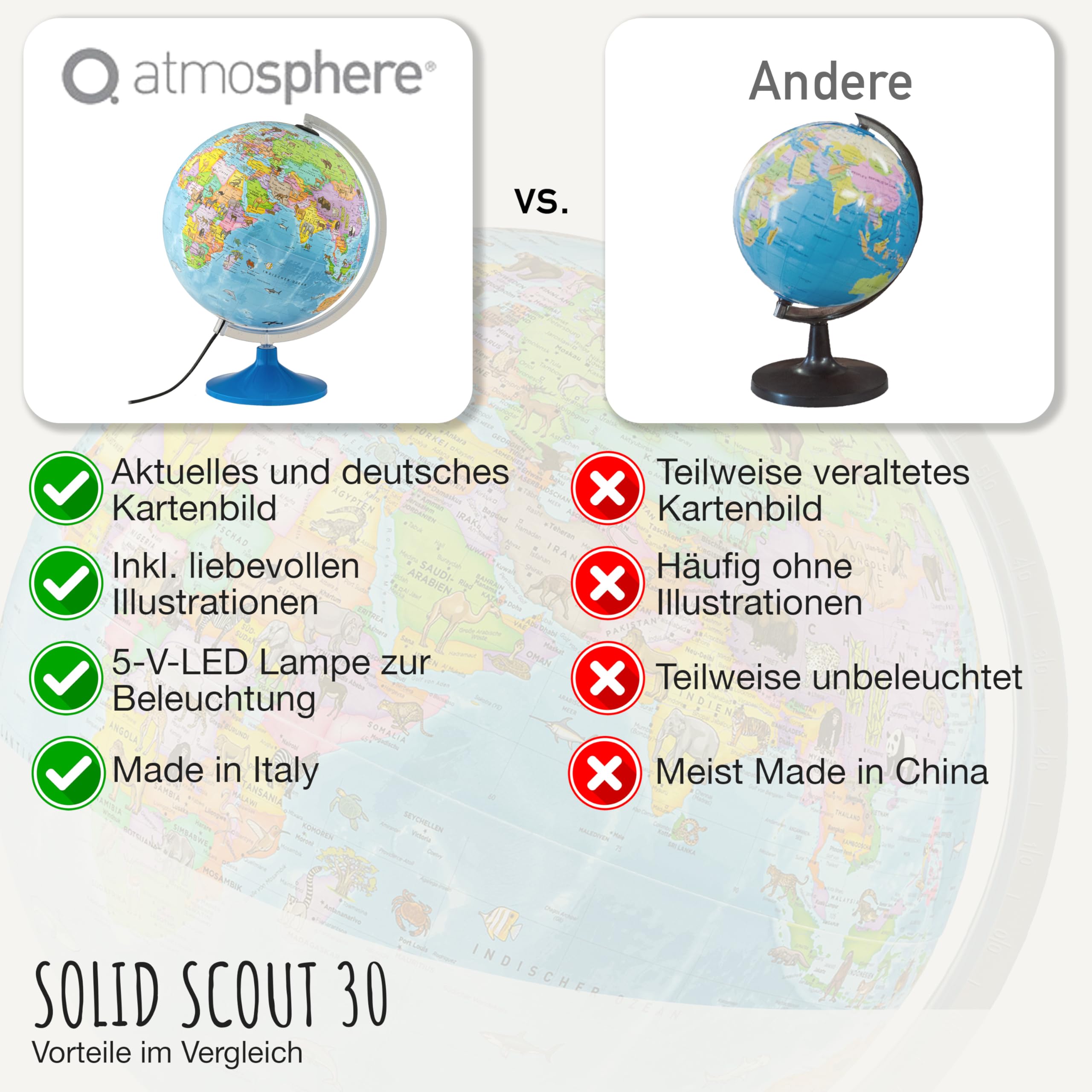 Solid Scout 30 - Kinder-Globus - beleuchteter 30cm Globus mit stabilem, drehbarem Standfuß, deutsches Kartenbild mit vielen Abbildungen für Kinder und Jugendliche, LED
