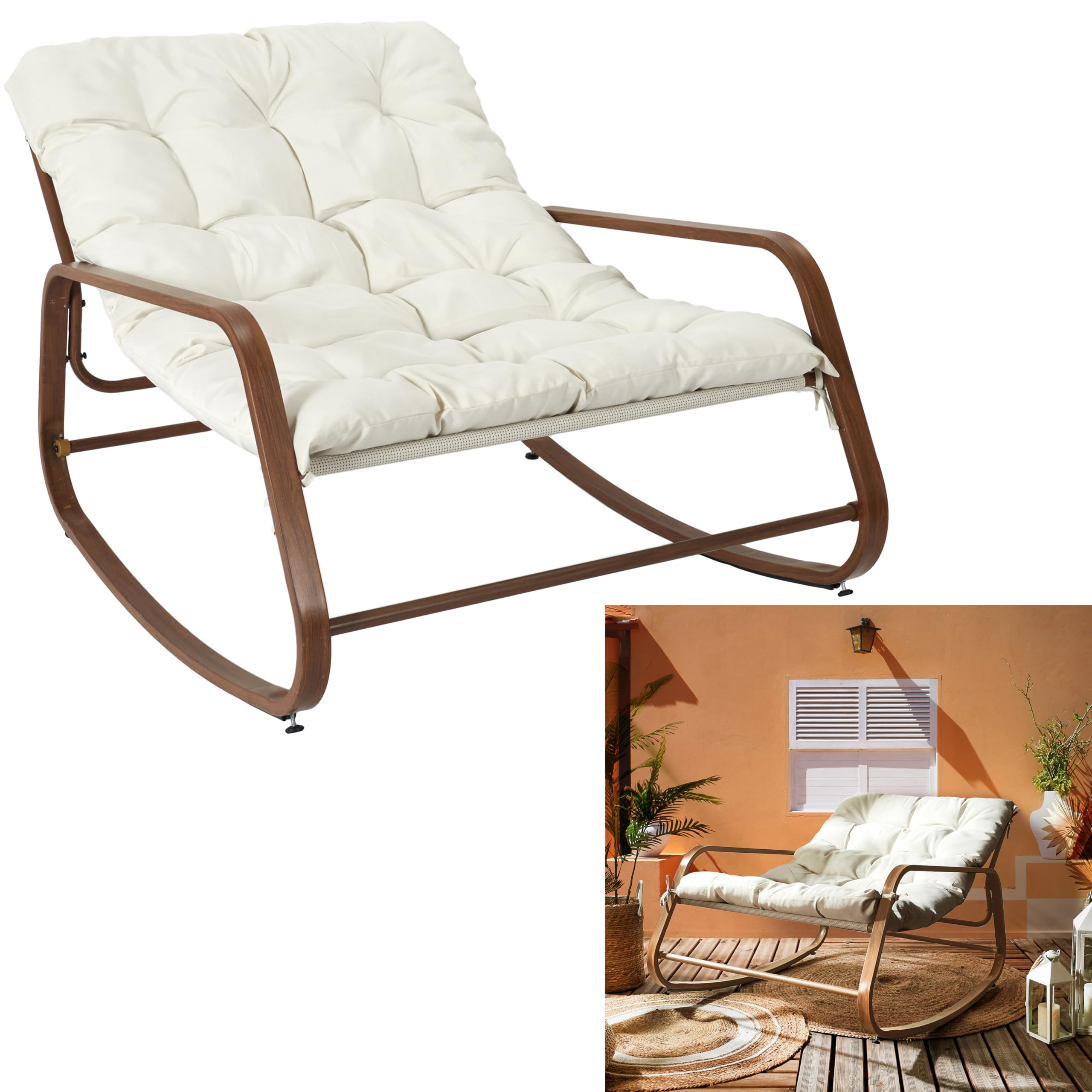 HOME DECO FACTORY - HDO7309 Fauteuil à Bascule Miami Blanc Effet Bois, Mobilier d'Extérieur, Dimensions 92x69x130 cm, Hauteur d'Assise 46 cm, Teinte Beige Marron | Bois, fauteuil à bascule Miami, effet bois blanc, mobilier d'extérieur, jardin ou terrasse,