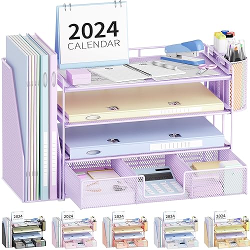 OPNICE Paper Clip Holders Desk Organizers and Accessories,4-Tie Leter Tray Organizer with 2 Pen File Holder,Desk Drawer,Ofice Accesorie for Office Supplies,Purple - Purple