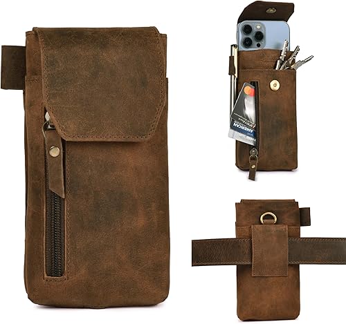 Leather Village Funda de cuero genuino para teléfono de 7 x 3.5 pulgadas con clip para cinturón, cierre magnético, tarjetero de identificación,