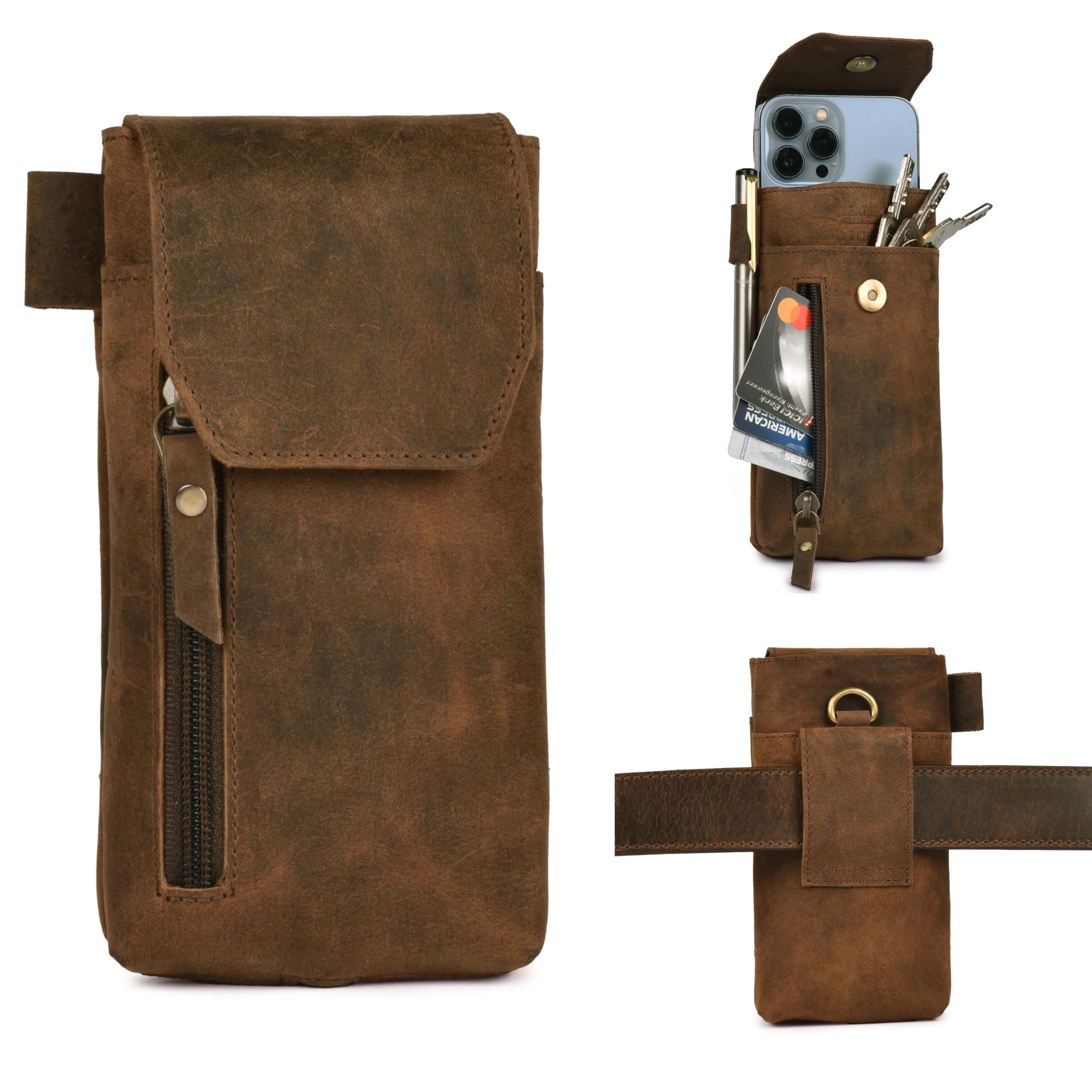 Leather Village Genuine Leather 7”x3.5” Phone Holster with Belt Clip, Magnetic Closure, ID Card Holder - Coffee Brown Universal Case for iPhone,