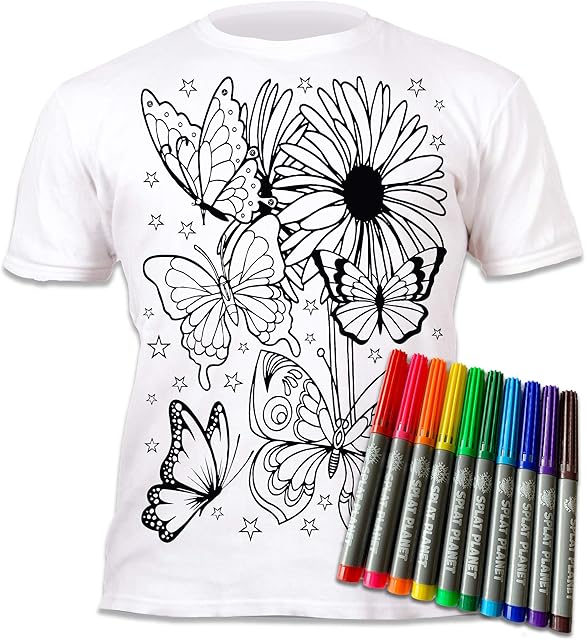 Splat Planet Colour-in Butterflies and Flowers T-Shirt with 10 Non-Toxic Washable Magic Pens - Colour-in and Wash Out T-Shirt (5-6 Years) White
