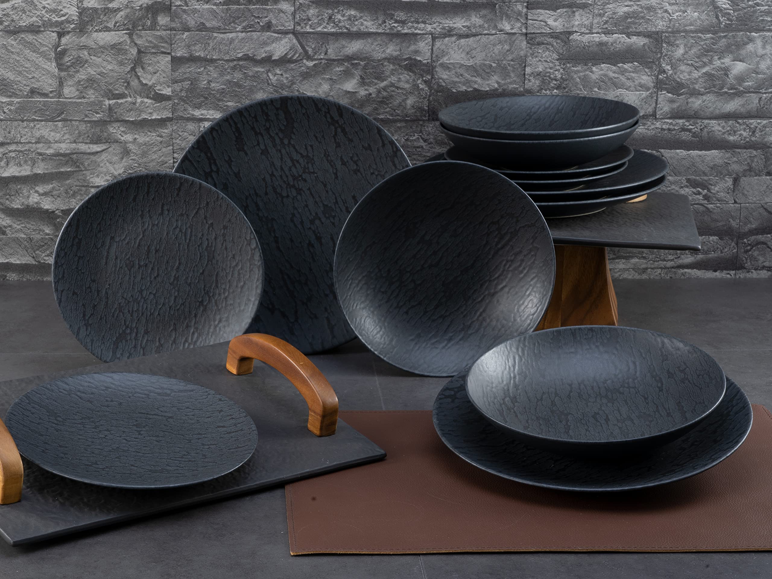 CreaTable, 20540, seria SchieferBlack, 12-częściowy zestaw naczyń, zestaw talerzy z kamionki, nadaje się do mycia w zmywarce i używania w kuchence mikrofalowej, wyprodukowano w Portugalii
