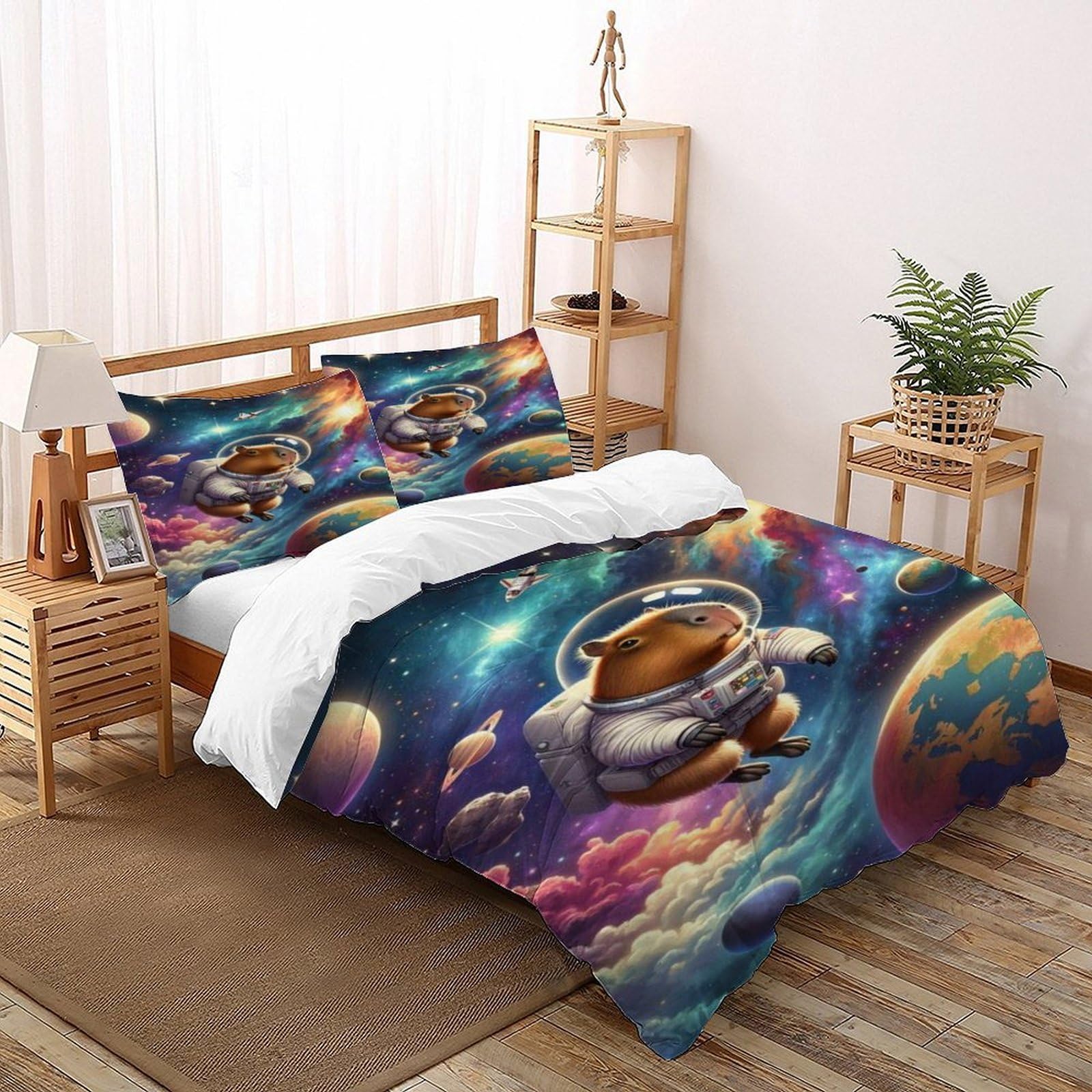 SHOVERKD Capybara Space Bedding Set Theme Bedspread Animal Themes Wildlife Duvet Cover Set Microfiber Comforter Cover Universal for All Seasons with Pillow Double（200x200cm）