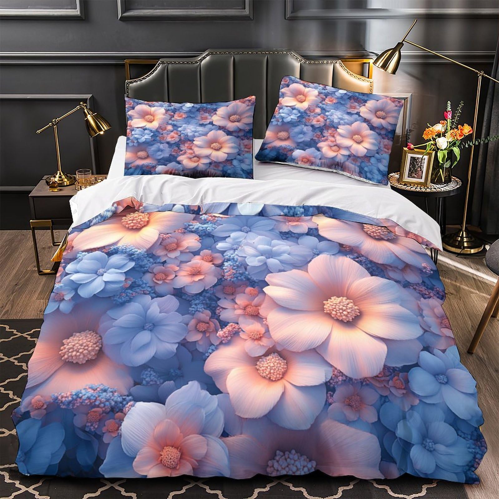 Housse de couette抗plis motif floral 3D microfibre douce pour lit enfant King