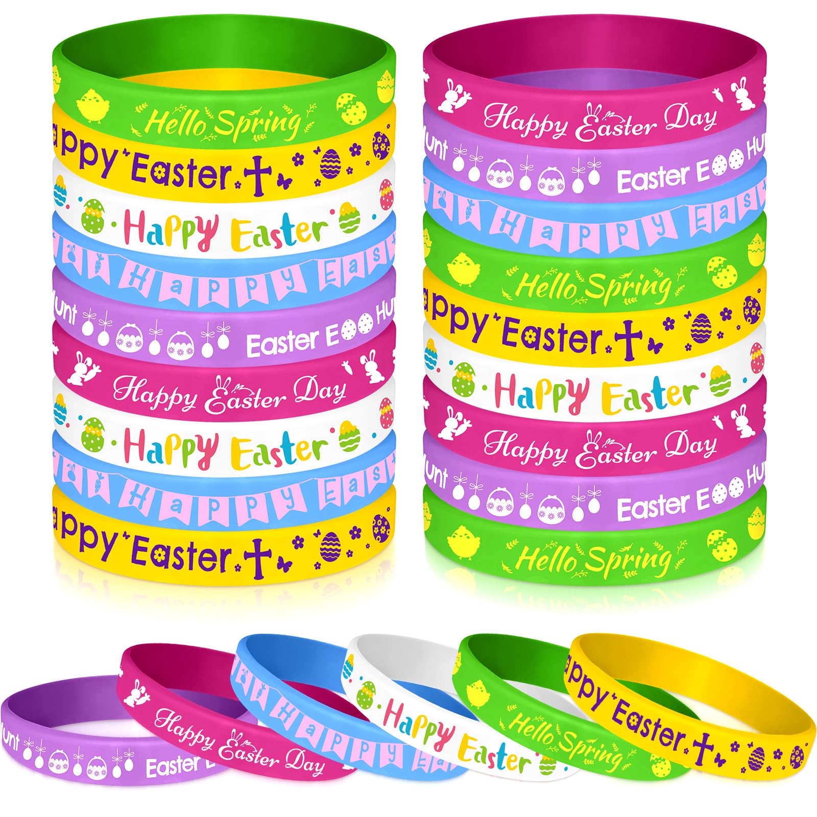 NEBURORA 24 Pcs Easter Rubber Bracelets Bunny Rabbit Egg Chick Flower Carrot Silicone Wristbands for Spring Happy Easter Party Favors Baskets Stuffers Egg Fillers