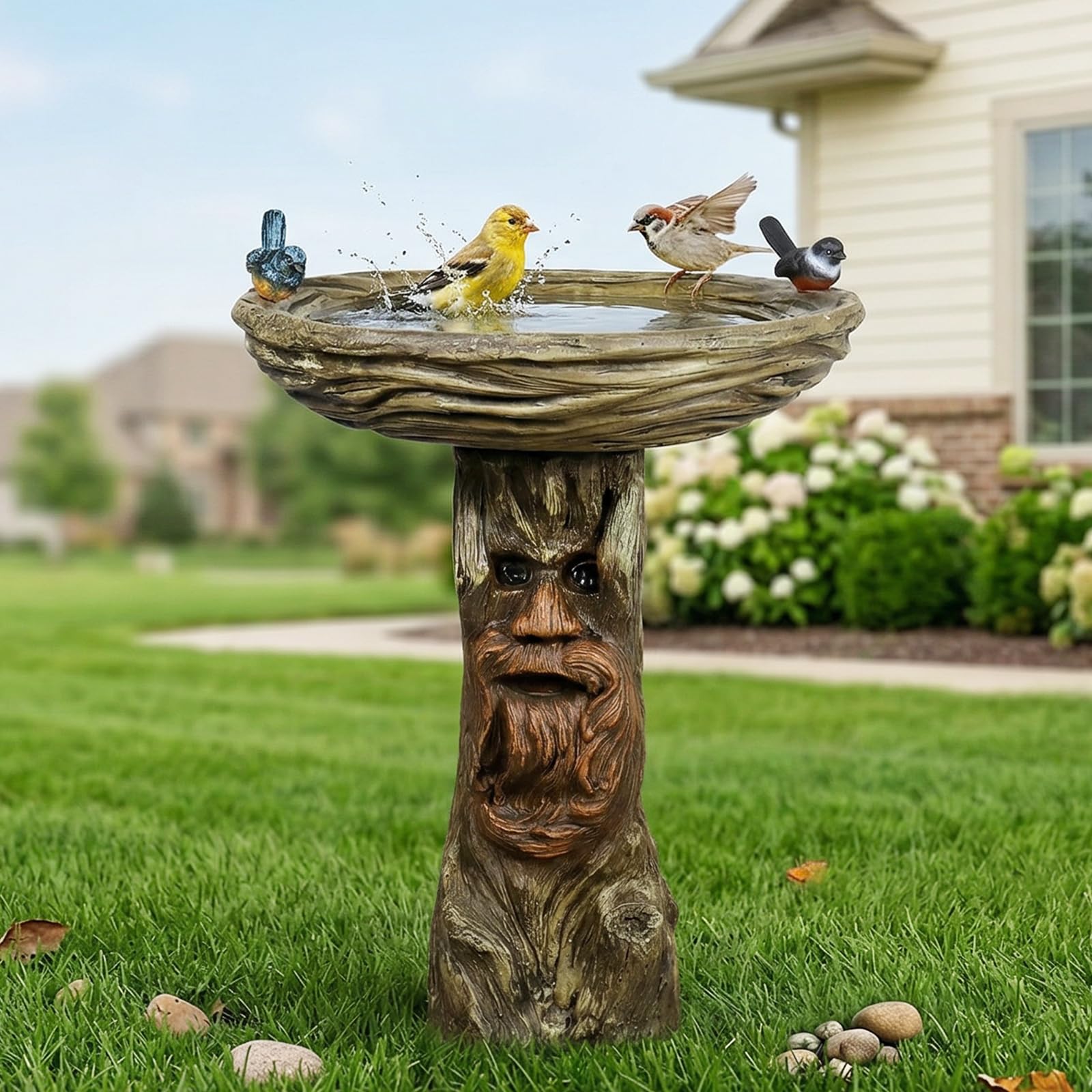 SunJet 24” High x 19” Diameter Outdoor Bird Bath with Tree Face Pedestal - Fibre Reinforced Concrete Birdbaths with Decorative Birds for Garden, Patio, Yard, Lawn Décor