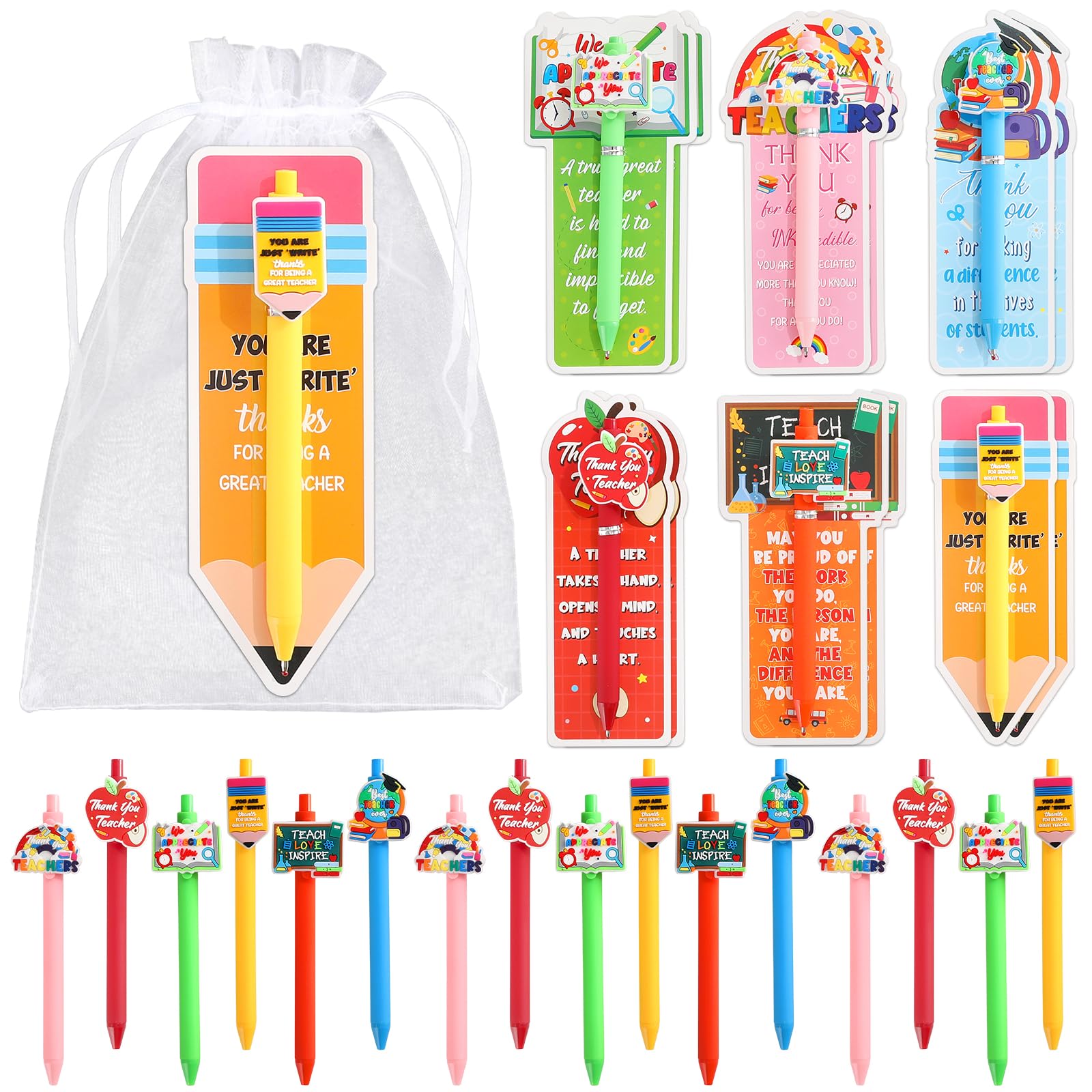 gisgfim 36 Set Teacher Appreciation Gifts Bulk Funny Inspirational Ballpoint Pens with Thank You Cards Storage Bag for Teacher School Office Supplies