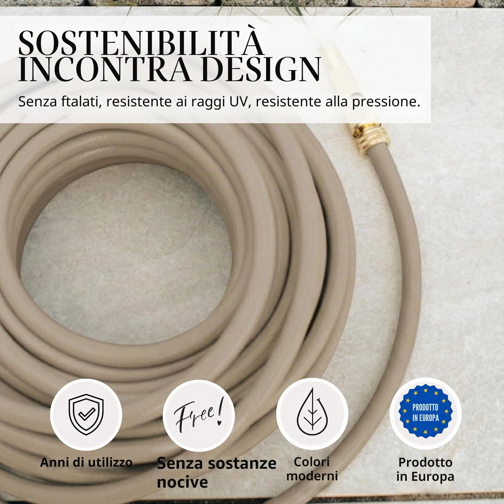 LIVLIG Tubo da Giardino 30m Design – Tubo Irrigazione Flessibile, 60% Riciclato, Resistente UV, Anti-Torsione, 1/2 Pollice, Beige