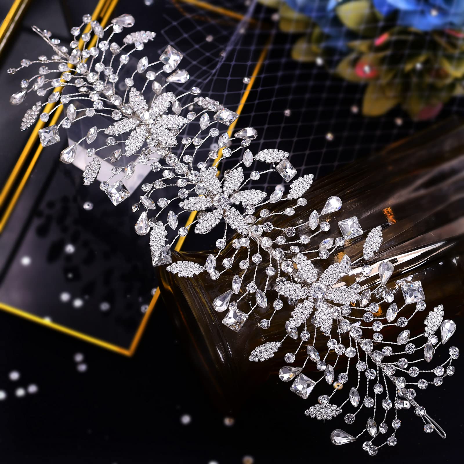 Azaleas Cerchietto per capelli da sposa, per matrimonio, per damigella d'onore, con strass, argento (argento)