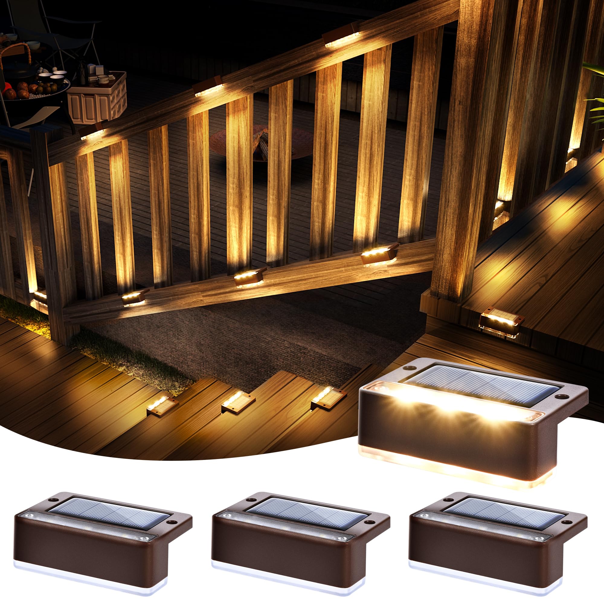 SOLPEX Solar Fence Lights, Solar Deck Lights Outdoor Waterproof Solar Powered for Step, Stair, Balcony,Front Porch,Garden, Walkway,Yard, Patio Decor, IP65 Waterproof (4 Pack, Warm White) 6 LEDs