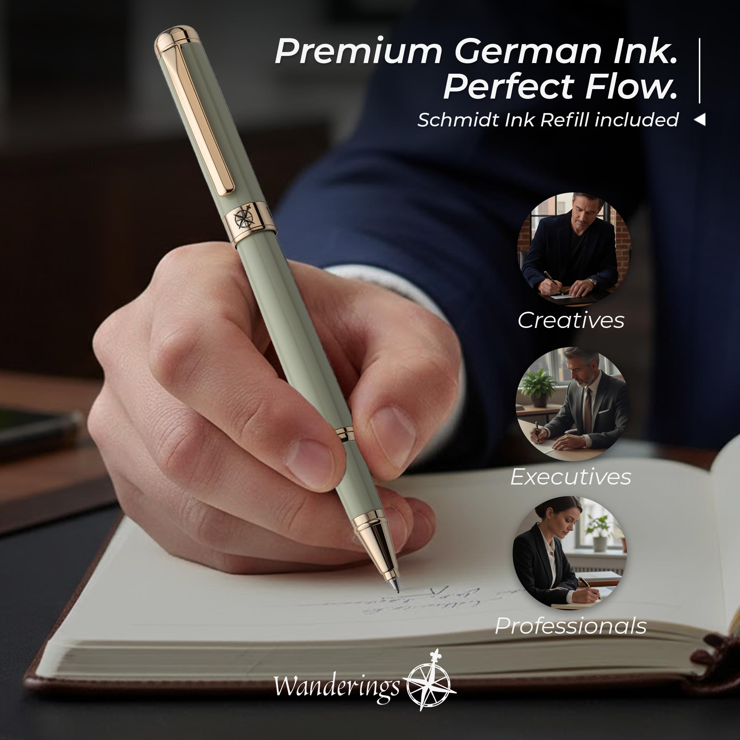 Premium Rollerball Pen with German Ink Perfectly Balanced for a Superb Writing Experience 24K Gold Plated Green Soft — view 7