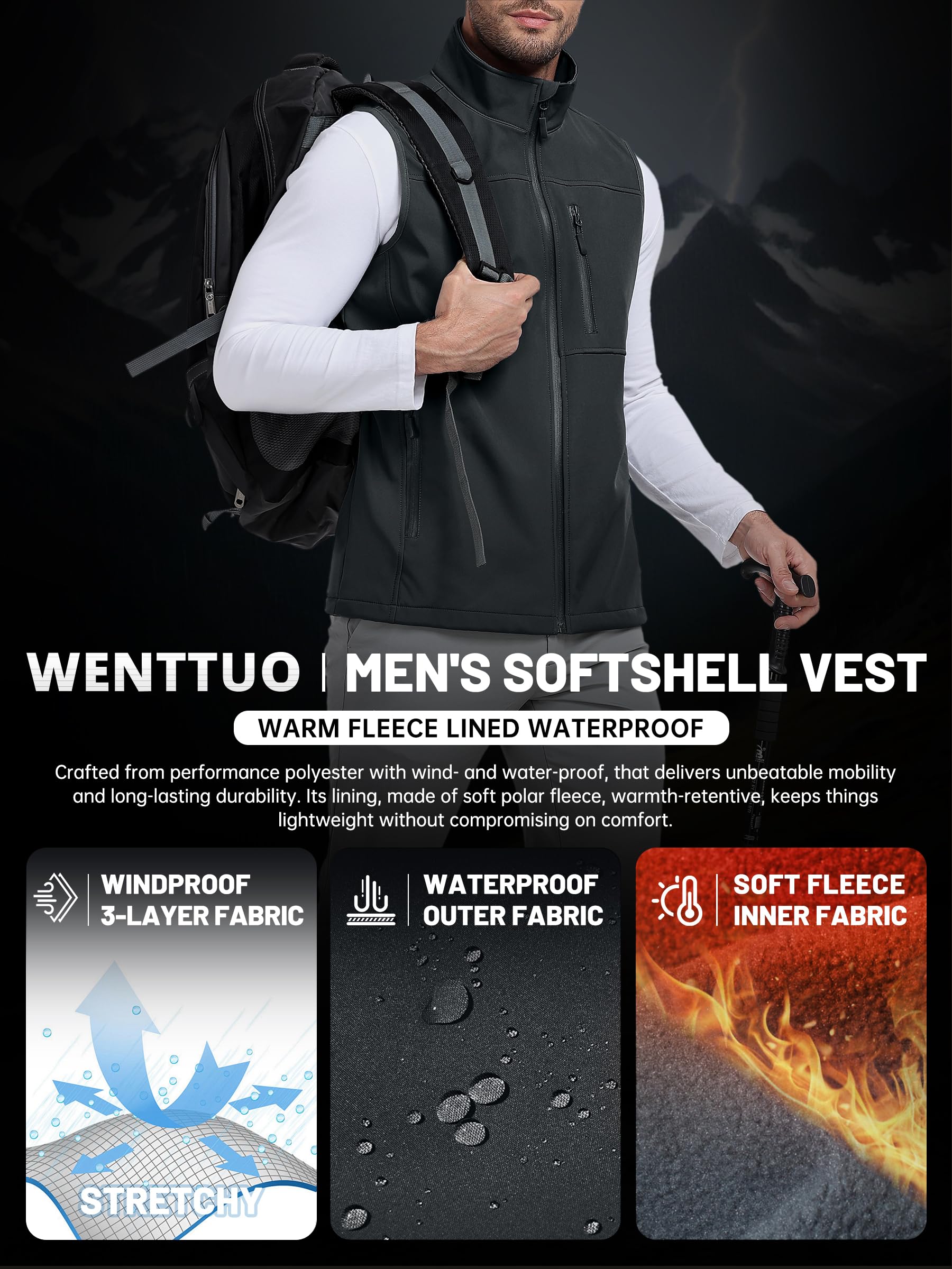 Gilet da golf da uomo, impermeabile, foderato in pile, giacca softshell antivento, senza maniche, leggera