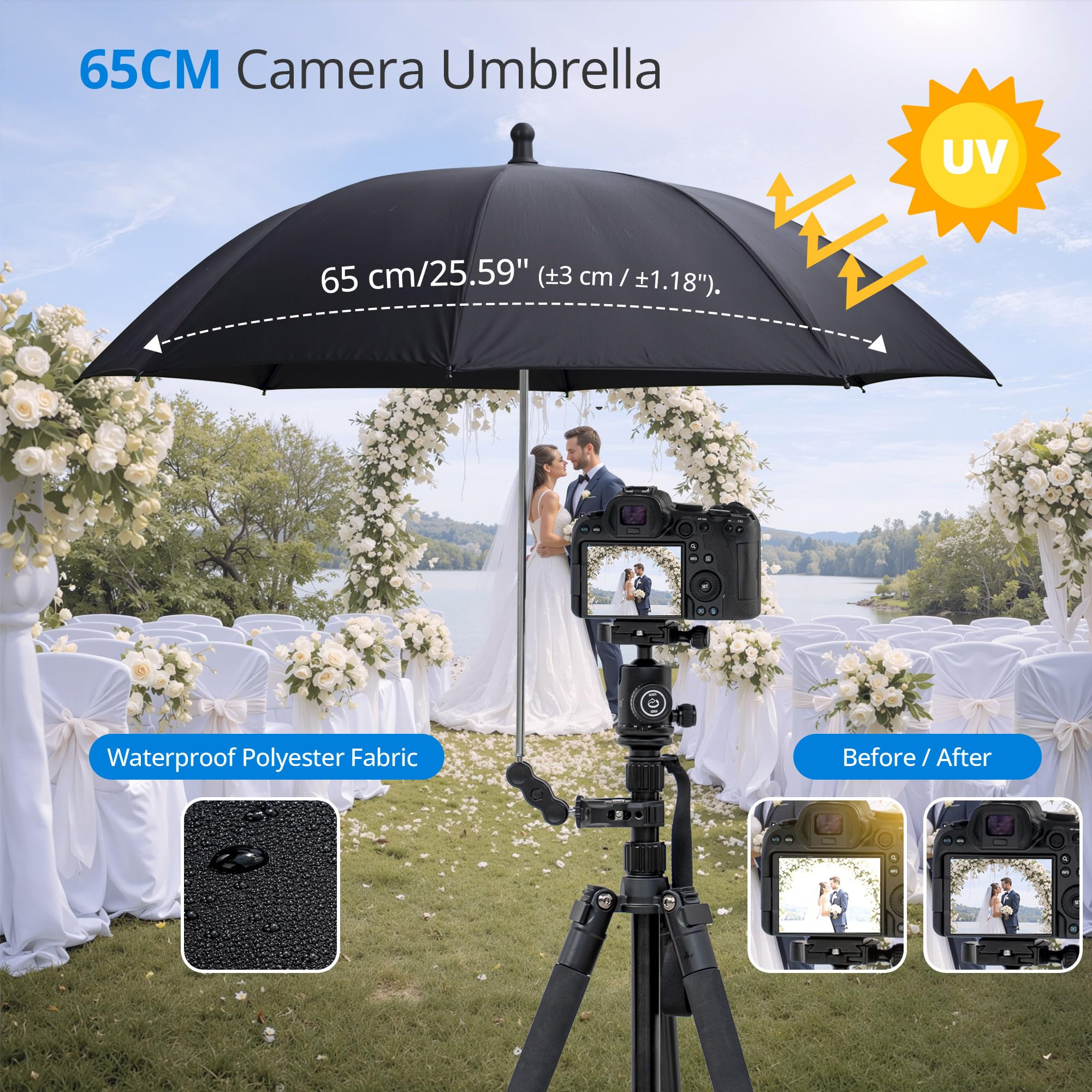 Paraguas para cámara de 25 Pulgadas con Super Clip, Protector Ajustable para trípode, Cubierta Impermeable y Parasol para A7V A7IV A7III A7II A7M5 EOS R5 II III R6 Z6III Z8 y XbotGo