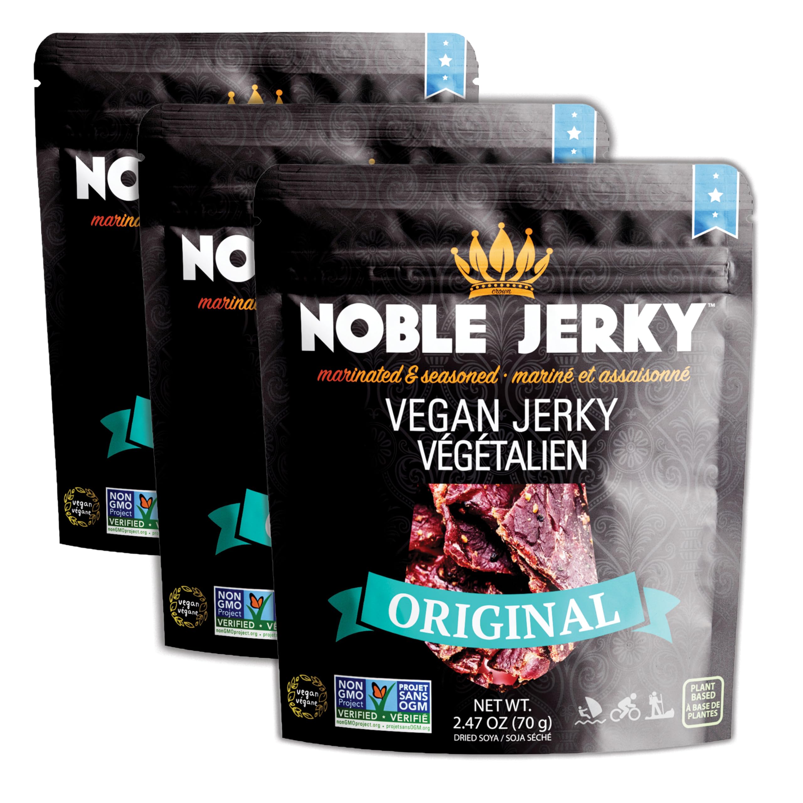 Noble Jerky – Vegan Jerky, Healthy Plant-Based High Protein Snack, Vegetarian, Non-GMO,Original Flavor, 3 Pack (70g Bags), 14g Protein Per Bag