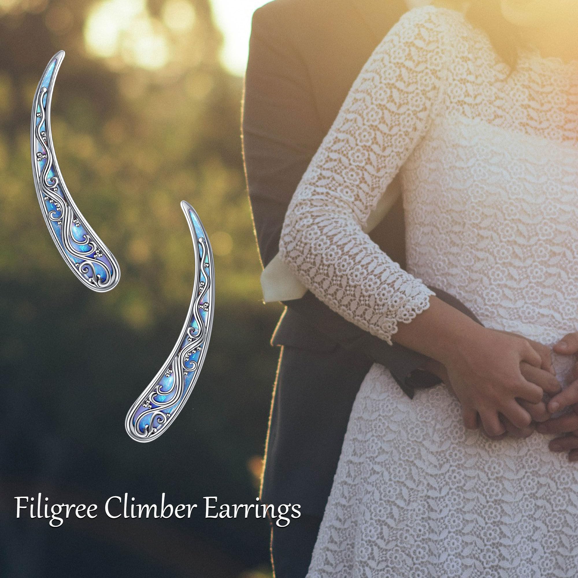 Pendientes de filigrana de plata de ley con filigrana de ópalo/concha de balona, pendientes trepadores de oreja vintage para mujer, 0.16*0.94 inch, Plata de ley, Sin piedra preciosa