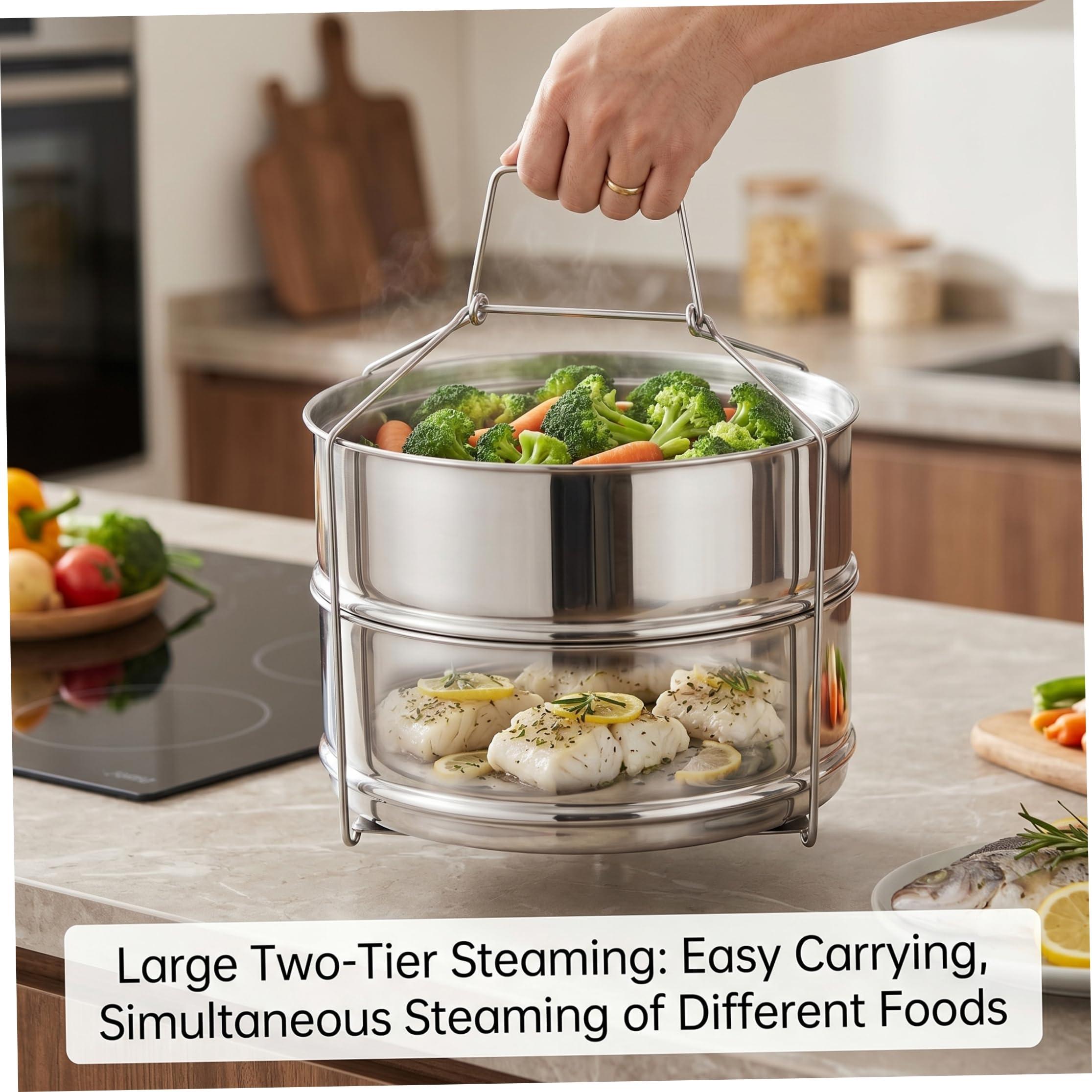 Accesorios para Olla a presión, Cesta de Vapor de Acero Inoxidable de 2 Niveles con Tapa y asa Insertos de Acero para Olla en Bandejas apilables para Verduras, arroz, Carne o Pescado.