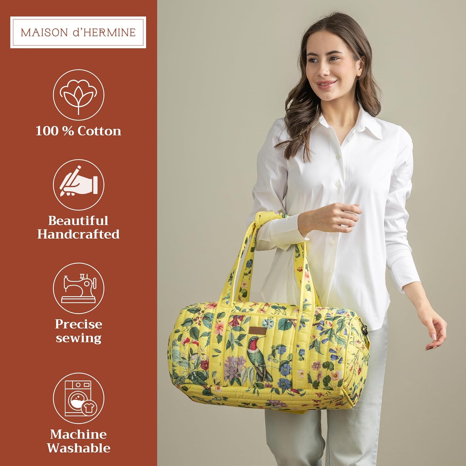 Maison d' Hermine Weekend Duffel Bags for Women Cotton Quilted Overnight Luggage Weekend Bag for Men Gym Sports Gifts Travel Business Travellers Trip Valentines Day Gifts -Eden - Yellow - Image 2