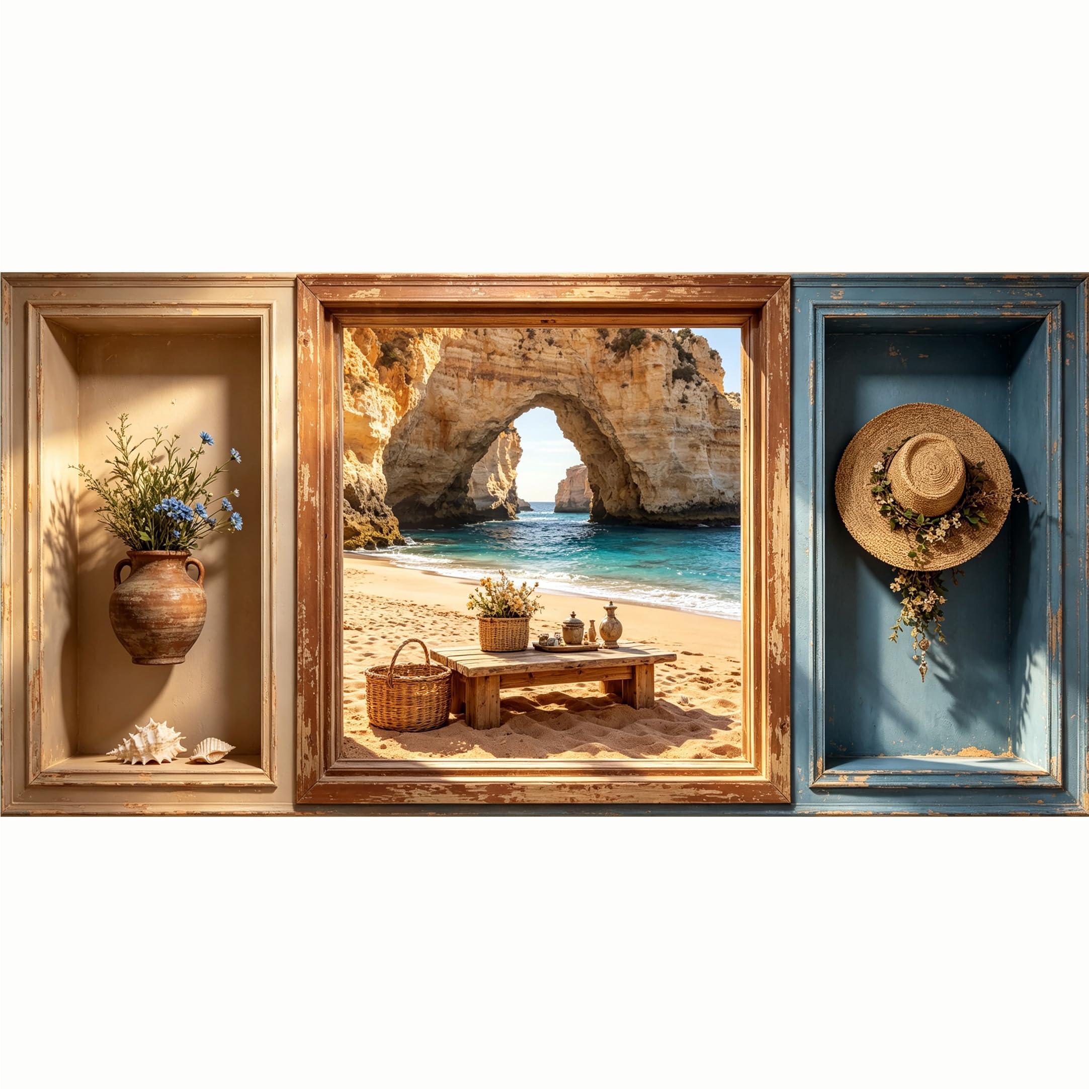 QZLITHOTIC 50x100cm 3D Framed Wall Art， Coastal Ocean Arch Window View Tropical Beach Scene， Self‑Adhesive Mural， Water‑Activated Peel & Stick Fabric Decor Wall Decal for Bedroom Living Room