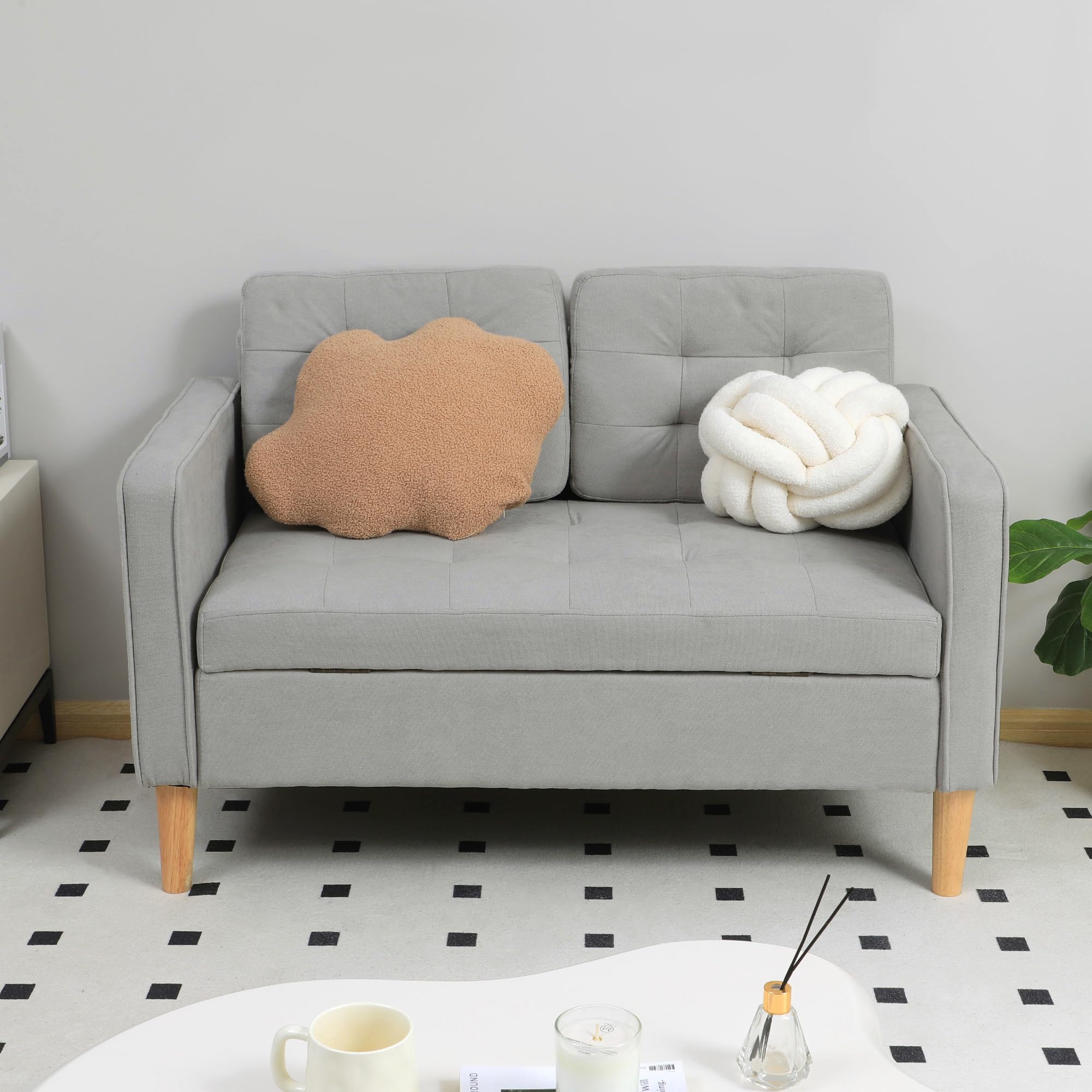 HOMCOM Sofá de 2 Plazas con Espacio de Almacenamiento, Sofá Moderno de Terciopelo con Patas de Madera, Respaldo Capitoné, para Salón, Dormitorio, Oficina, 117x62x78 cm, Gris Claro