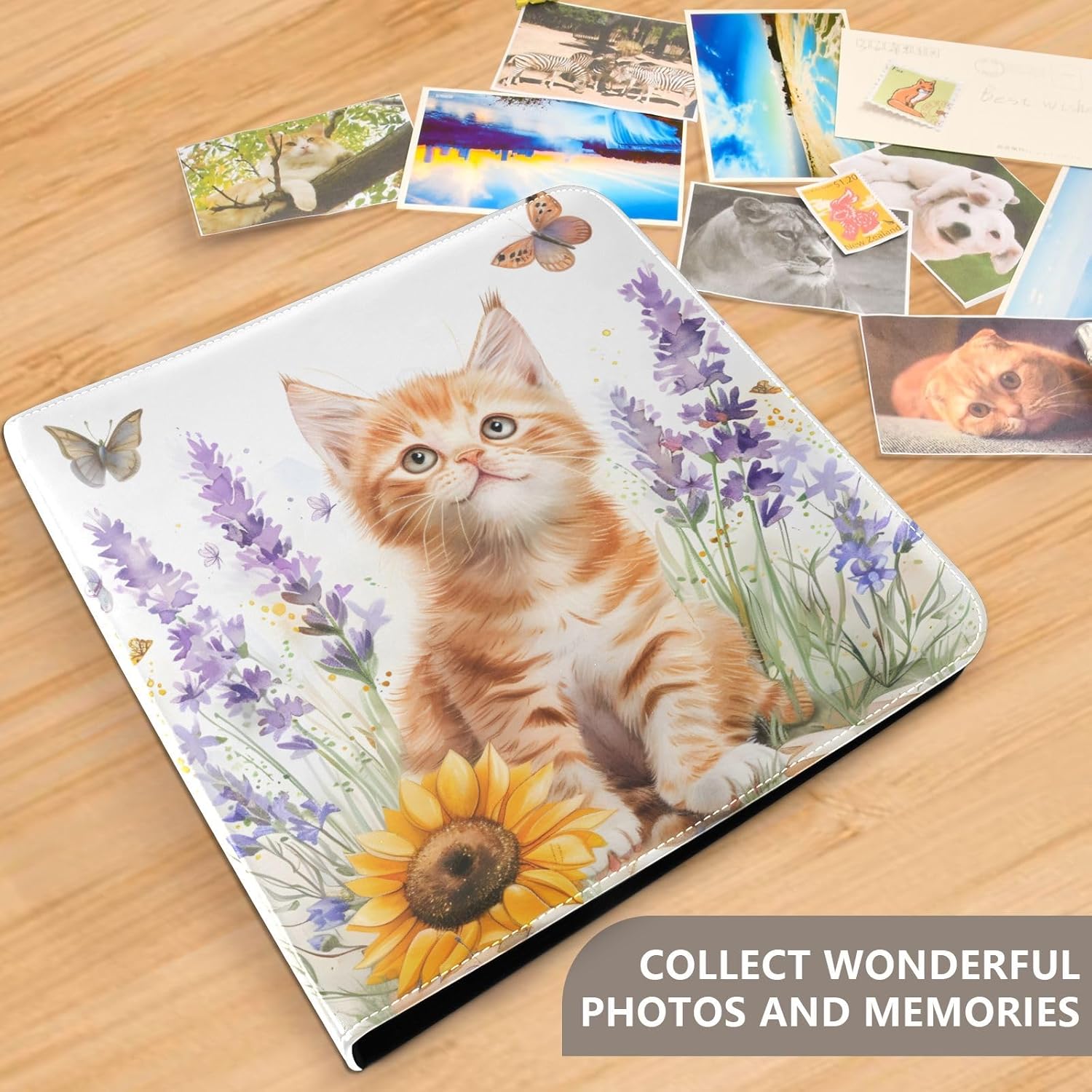 Photo Album Large Self Adhesive Scrapbook Albums Book DIY Cute Ginger Kitten for 2×3 4×6 5×7 6×8 Pictures Leather Cover Personalized