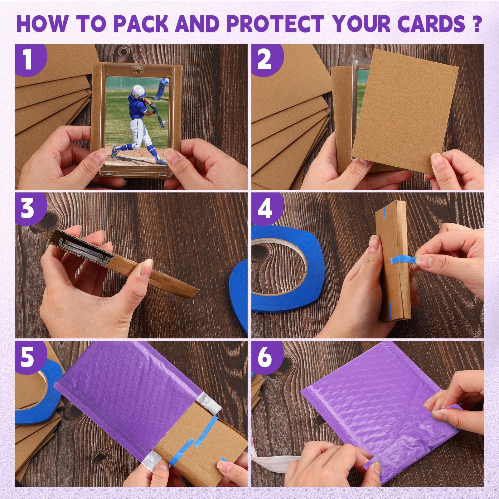 Tatuo Il set di 301 protezioni per spedizioni di carte collezionabili include 200 fogli di cartone ondulato, 100 buste imbottite a bolle d'aria e nastro adesivo (viola)