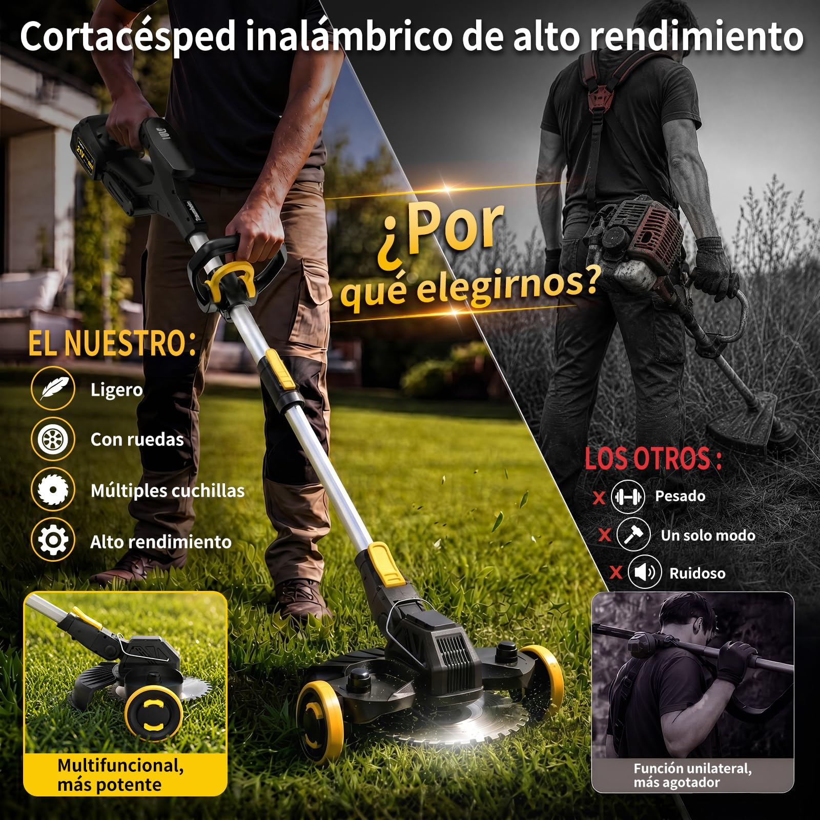 Cortabordes Inalámbrico 21V, Compatible con Baterías Makita, Desbrozadora con Cepillo para Maleza, 2 Baterías de 4.0Ah Incluidas, Motor sin Escobillas de 900W para Césped, Jardín, Patio (Negro)
