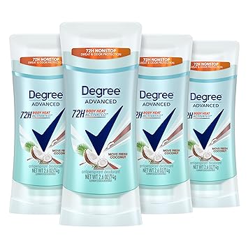 Degree Advanced Antiperspirant Deodorant Coconut & Hibiscus 4 Count 72-Hour Sweat & Odor Protection Antiperspirant for Women with MotionSense Technology 2.6 oz