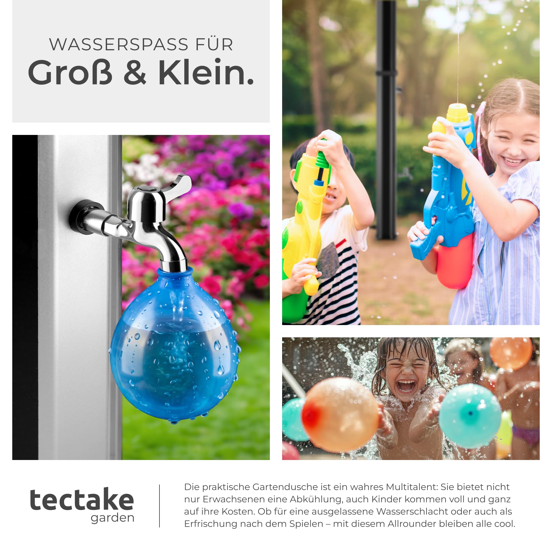 TecTake® Solardusche 35 l, bis 60° C warmes Wasser, drehbarer Regenduschkopf, mit Gartenschlauch-Anschluss und Wasserhahn, Solar Dusche Garten, Gartendusche, Camping Dusche - schwarz/Silber