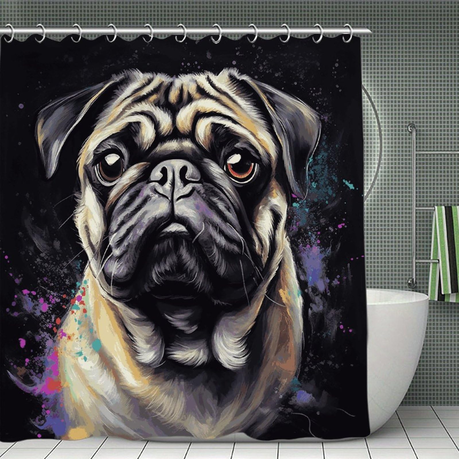 FekiLoot Portrait of Pug Shower Curtain Minimalist Thick Bathroom Curtain Washable Modern Bathroom Shower Curtain Heavy Duty Waterproof Cloth Bath Curtain with Hooks 70.8"x70.8"