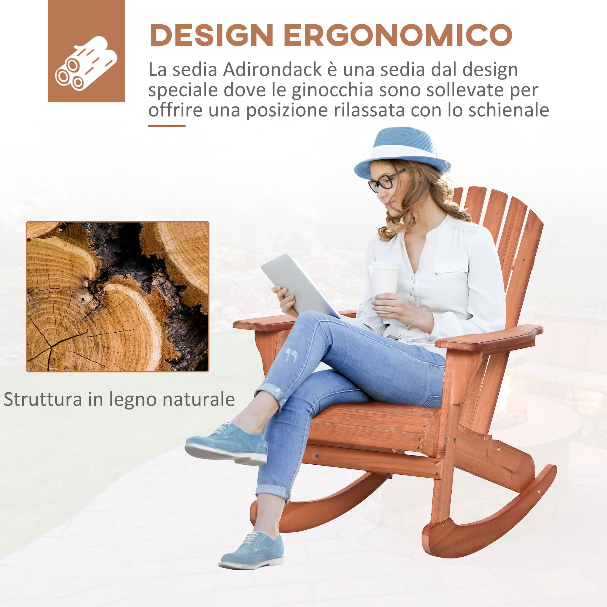 Outsunny Sedia Adirondack in Legno, Sedia a Dondolo per Giardino ed Esterni Impermeabile, 77x94x97cm Teak