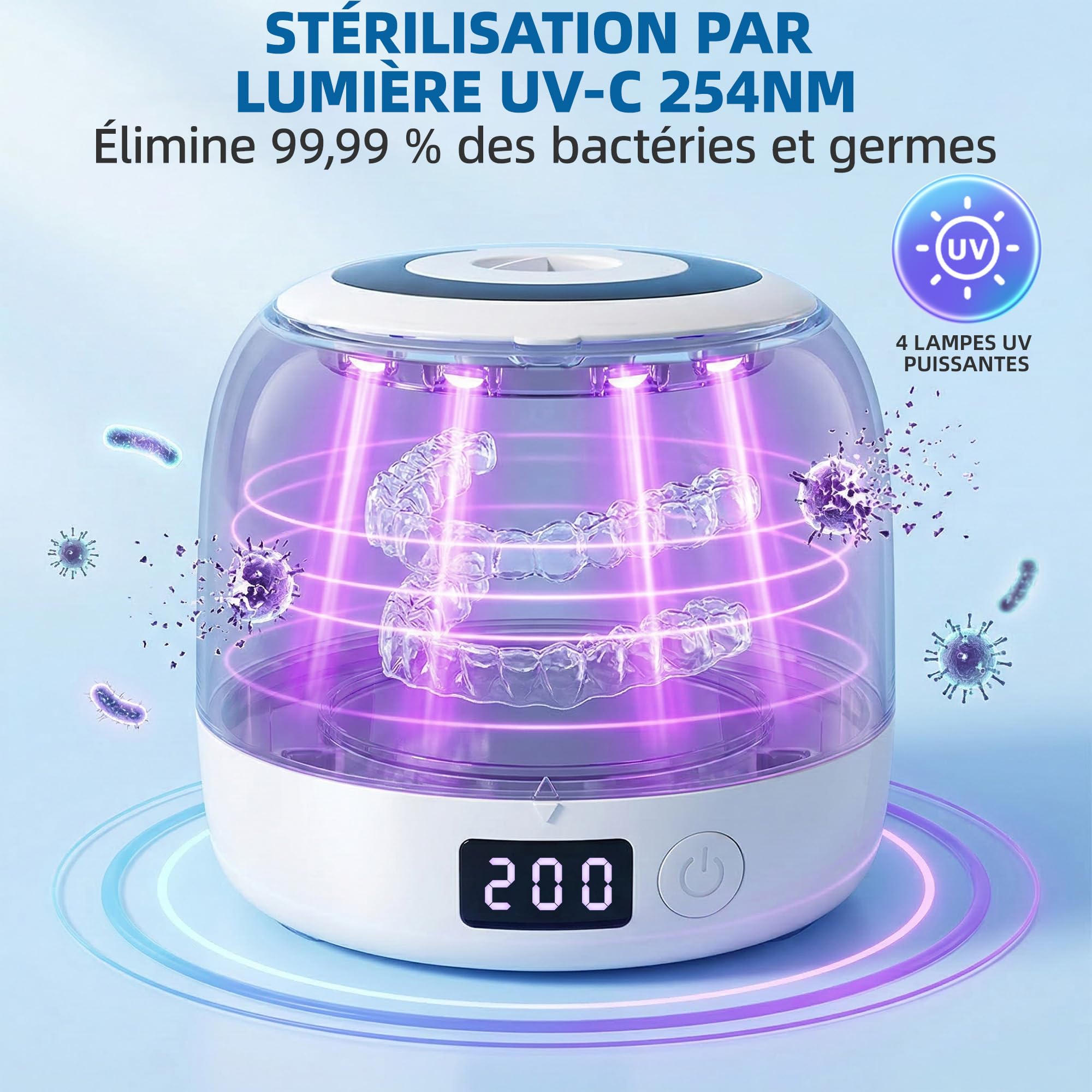 Carehabi Nettoyeur Ultrason Appareil Dentaire, Dental Pod 45kHz, Réservoir Amovible 200mL avec 4 Lumières U-V, Machine Nettoyage Silencieuse pour Gouttière, Invisalign, Dentier et Brosses