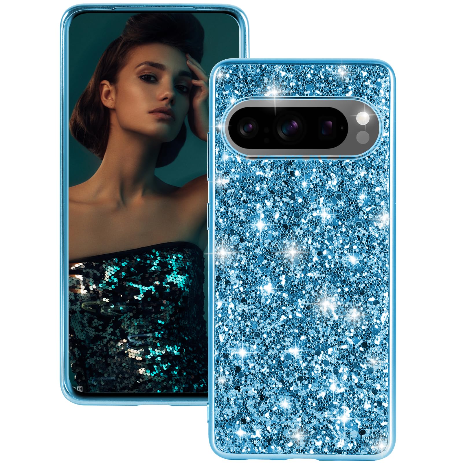 Silicone Case for Google Pixel 9 Pro XL 5G Case Glitter Sparkle Bling, Hybrid Matte Back Case High Impact Heavy Duty Shockproof Protective Cover for