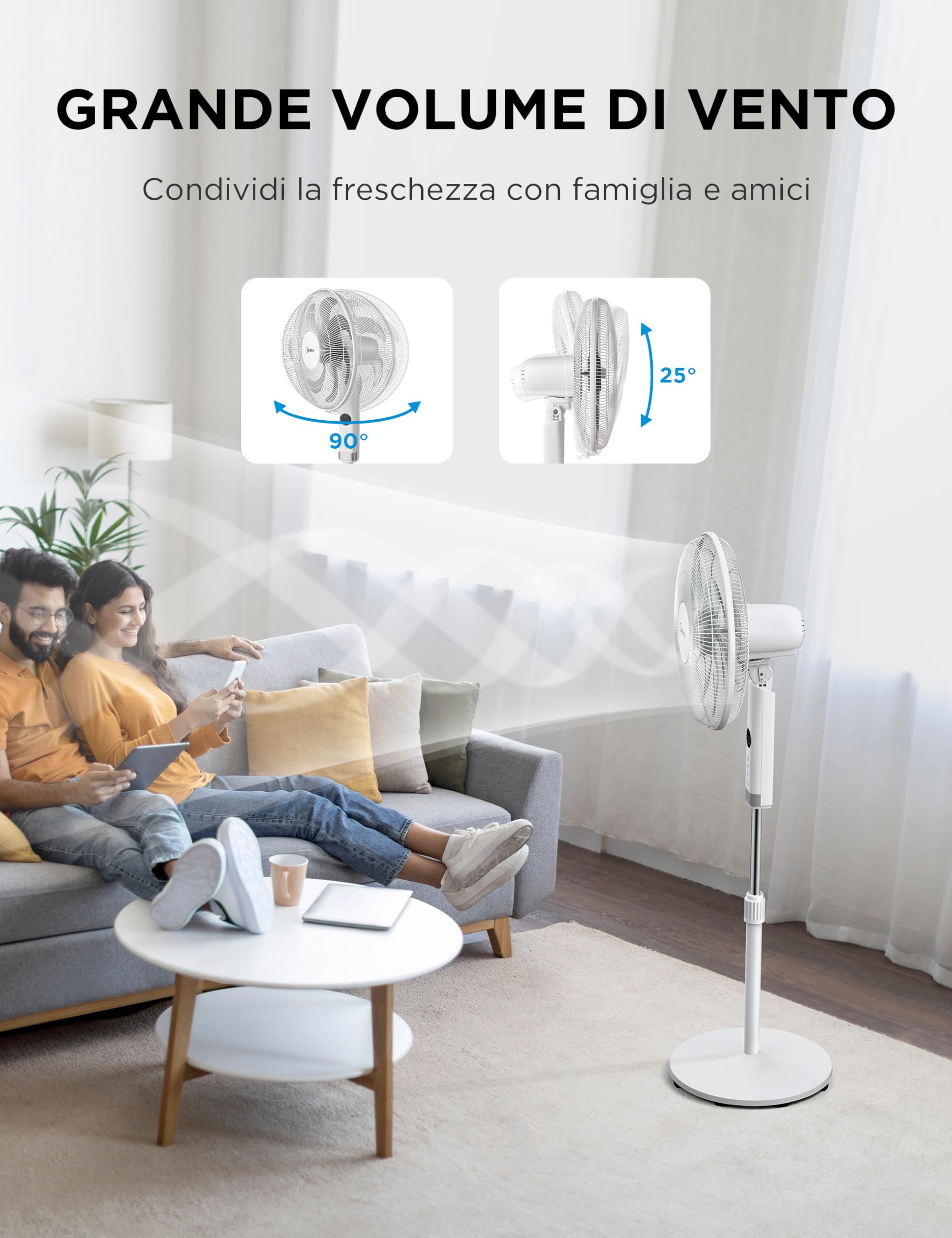 Midea MFS400R0APW Ventilatore a Piantana Silenzioso da 50W, 3 Velocità Regolabili, 7 Pale Bioniche, Oscillazione 90°, Timer 7H con Telecomando, Display LED, Motore AC Potente, Bianco