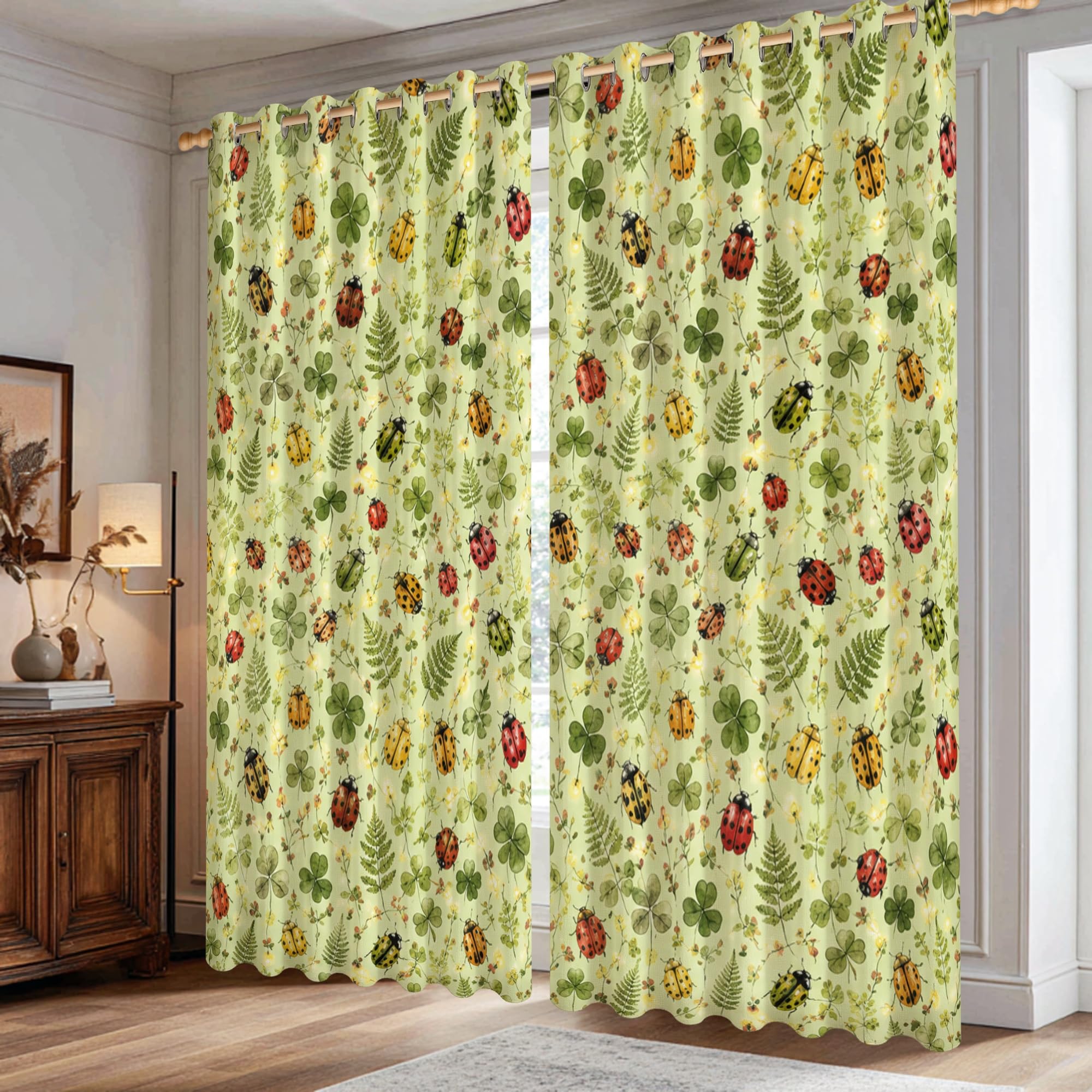 Rideaux occultants coccinelle et trèfle vert pour salon et chambre 106x183 cm