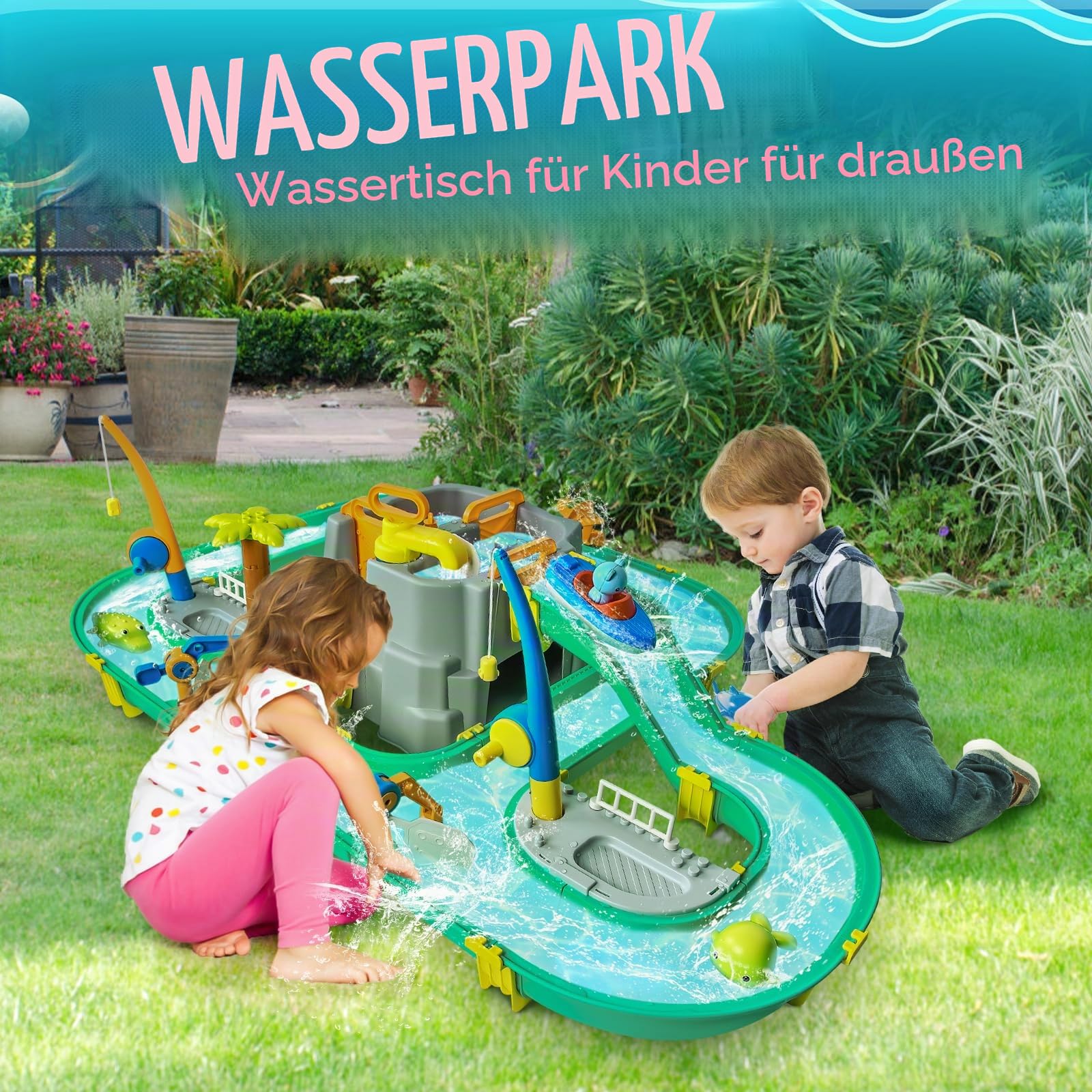 JONRRYIN Wassertisch Spielzeug, Wassertisch Kinder Draußen Spielzeug, Strandspielzeug Wasserbahn Set Wasserpark Spielset mit 2 Booten und Angelfunktion, Sommer Wasserspielzeug für Kinder 3+ Jahr
